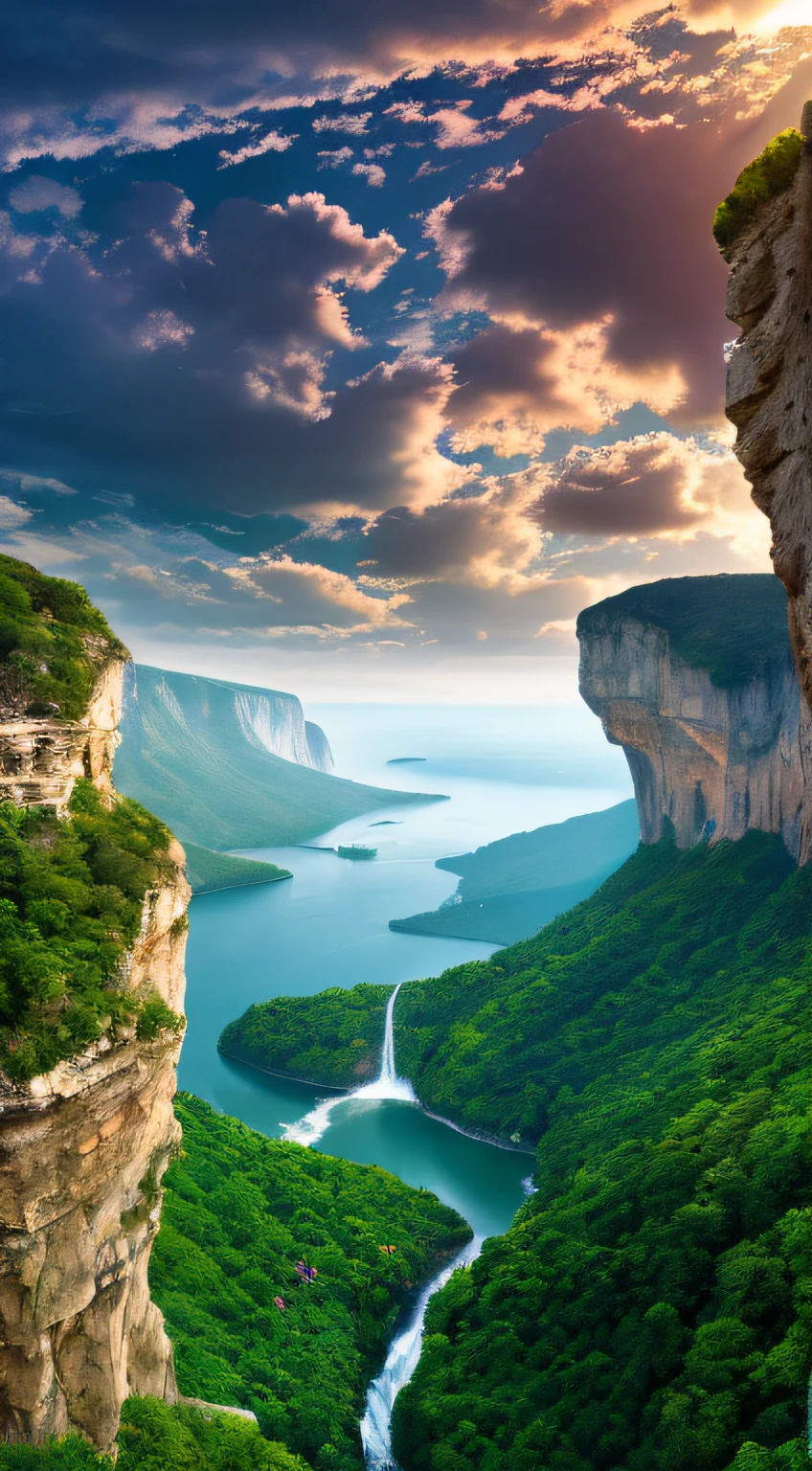 Masterpiece, ultimate quality, Cg unity 8k wallpaper, super delicate, beautiful sky and clouds, rich natural scenery, cliffs, lakes and rivers, waterfalls and flying water, beautiful green mountains, no trace of people, excellent scenery, has already won a photo contest, background Blurring, full depth of field, HDR high dynamics, true restoration, intricate, extreme details, dramatic presentation, perfectly presenting the style of midjourney art.
