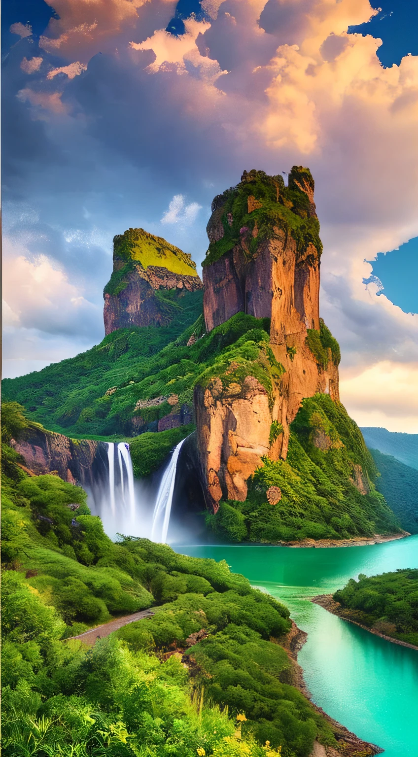 Masterpiece, ultimate quality, Cg unity 8k wallpaper, super delicate, beautiful sky and clouds, rich natural scenery, cliffs, lakes and rivers, waterfalls and flying water, beautiful green mountains, no trace of people, excellent scenery, has already won a photo contest, background Blurring, full depth of field, HDR high dynamics, true restoration, intricate, extreme details, dramatic presentation, perfectly presenting the style of midjourney art.