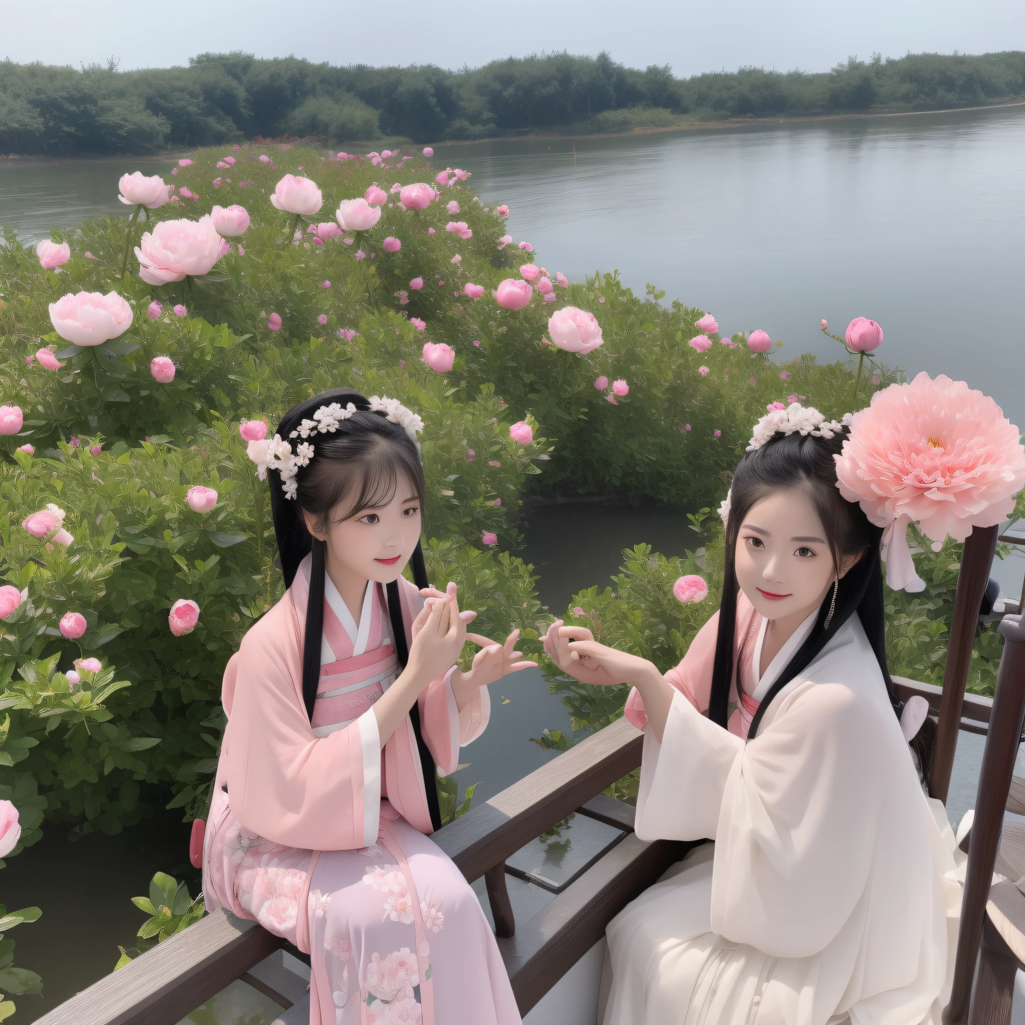 On a rainy day,The woman in Hanfu sits on the boat, Pick peony flowers with both hands