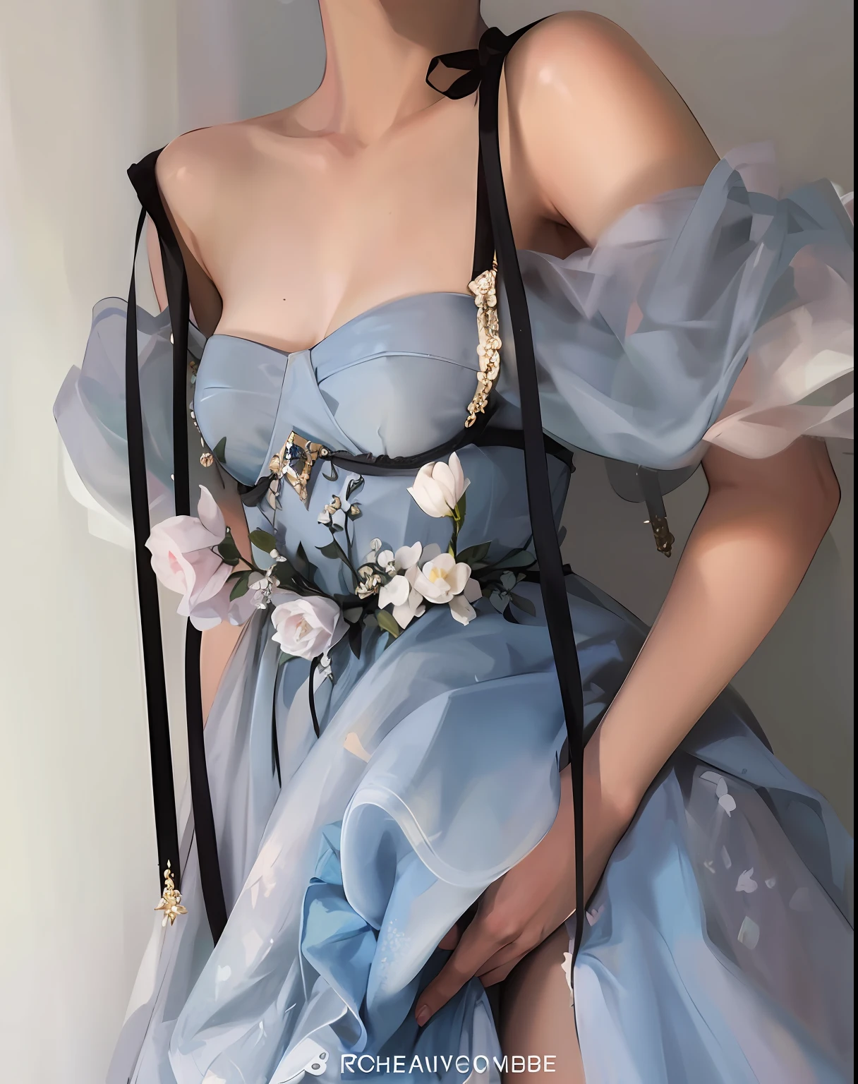 a close up of a drawing of a woman in a blue dress,Wearing flowers on his head, dreamy dress, beautiful aesthetic, magical dress, dreamy aesthetic, fantasyoutfit, ethereal details, Dreamy style, Tumblr, Rococo dress, fantasy aesthetic!, wearing organza gown, blue soft details, Dreamy and ethereal, Ethereal and dreamy, author:Emma Andievska, ethereal fairytale