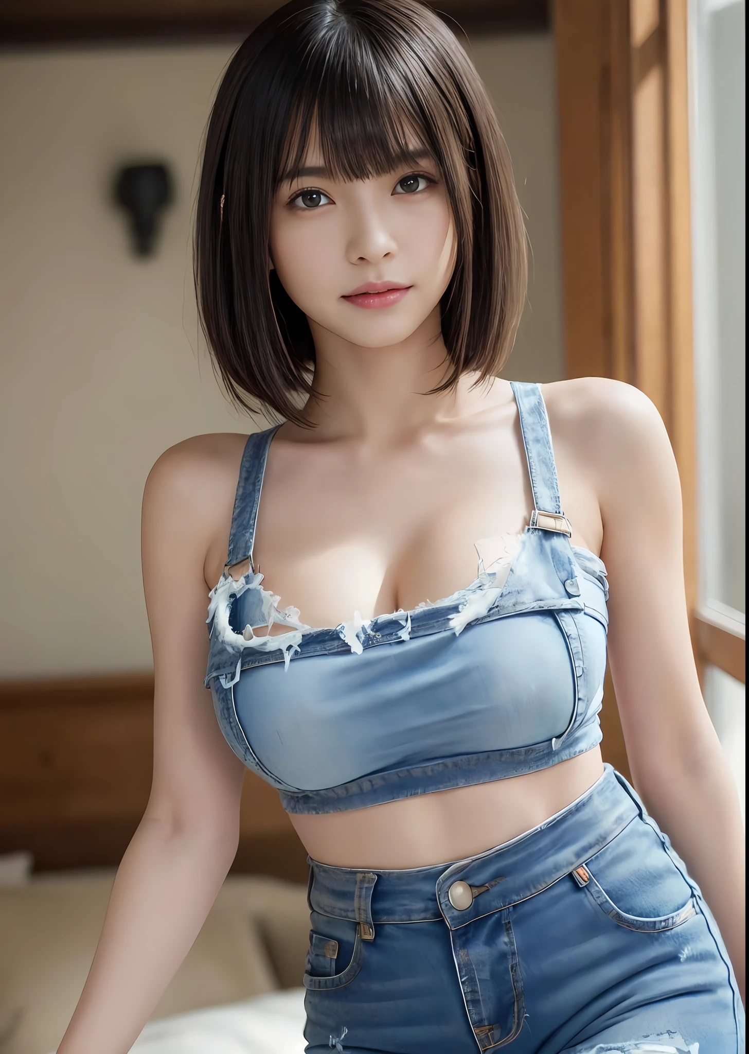 A slight smil,BDSM,damage jeans,Tattered jeans,gargantilha,nsfw,((top-quality、8k、masterpiece:1.3))、Crisp focus:1.2、(layers-Cut、ample breasts:1.2),Beautiful woman with perfect body shape:1.4、Slender abs:1.2、a wet body:1.5、Highly detailed facial and skin texture、A detailed eye、二重まぶた,bob cut hair,(No underhair),(No underwear)