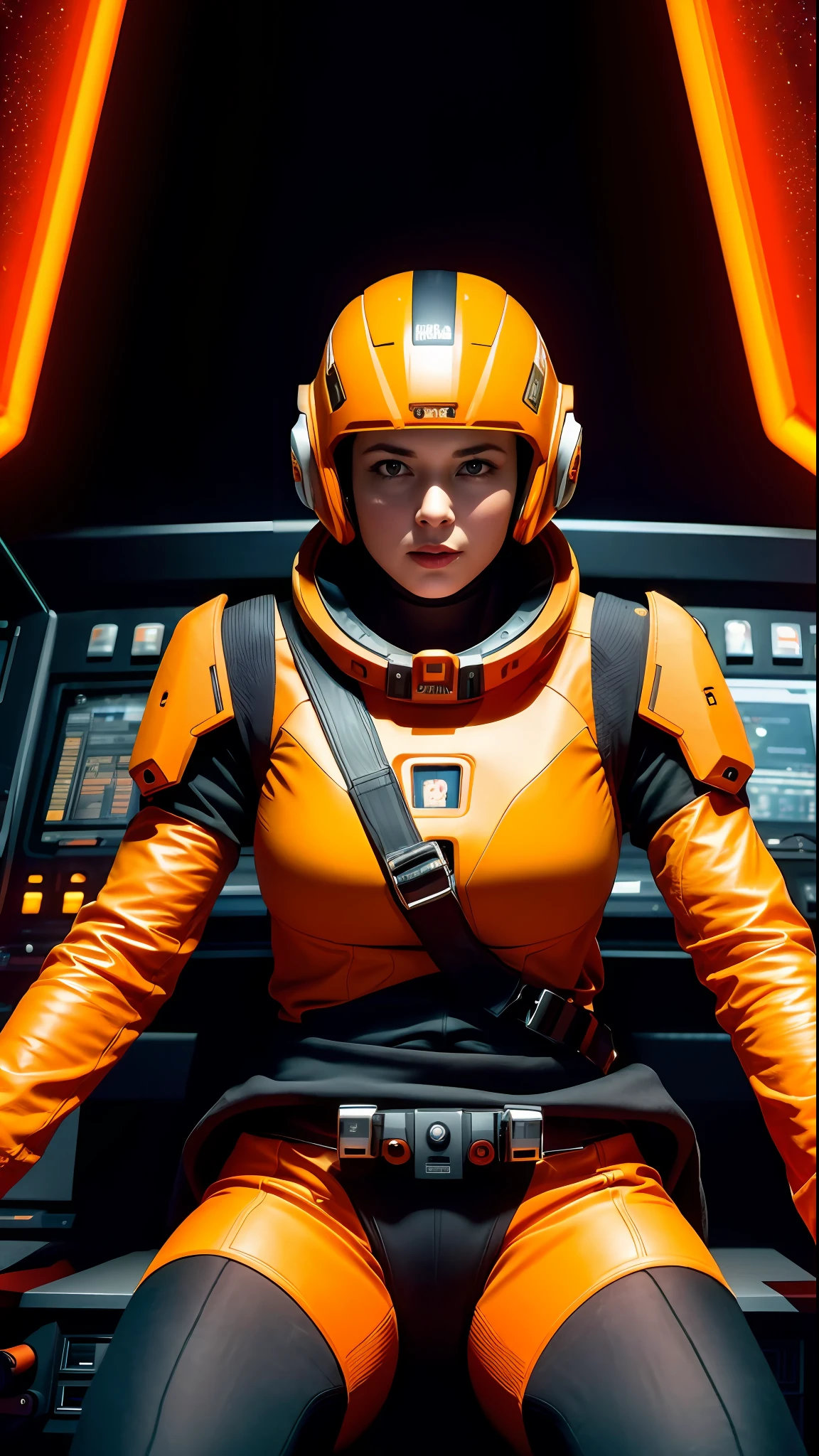 a woman in an orange space suit helmet standing in front of a dj panel, sitting sad in spaceship, dramatic sci-fi movie still, in a scifi movie, in a spaceship cockpit, sci-fi dj mix still, 4 k movie still, 4k movie still, 8 k movie still, in recording studio, in a spaceship, sci - fi film still