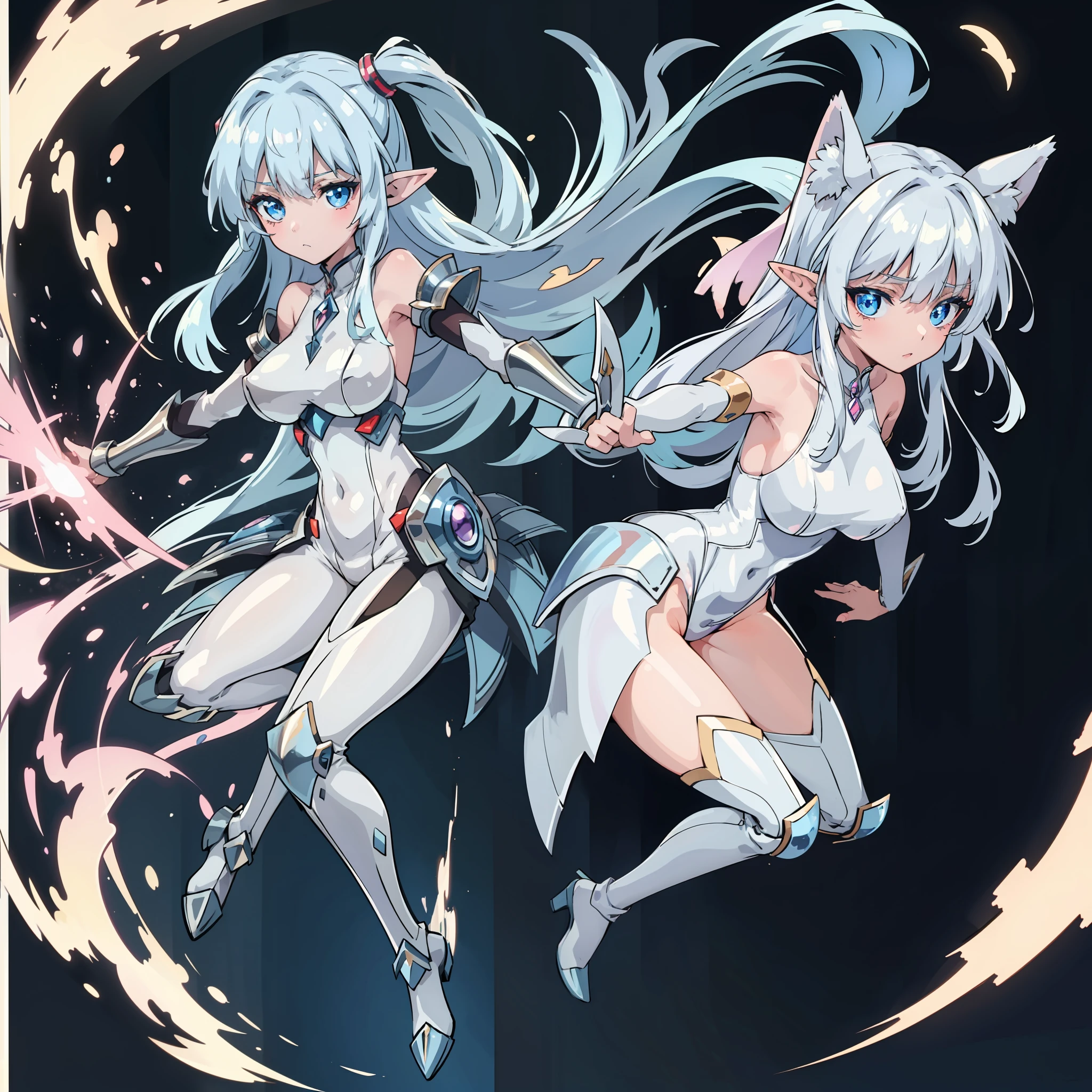 A sticker with a white cutout border on a neutral full body background. In kawaii anime style a gangly and slender female elf, dressed in light steel armor, wearing large , very large and pointed ears, long straight hair, with very expressive eyes.