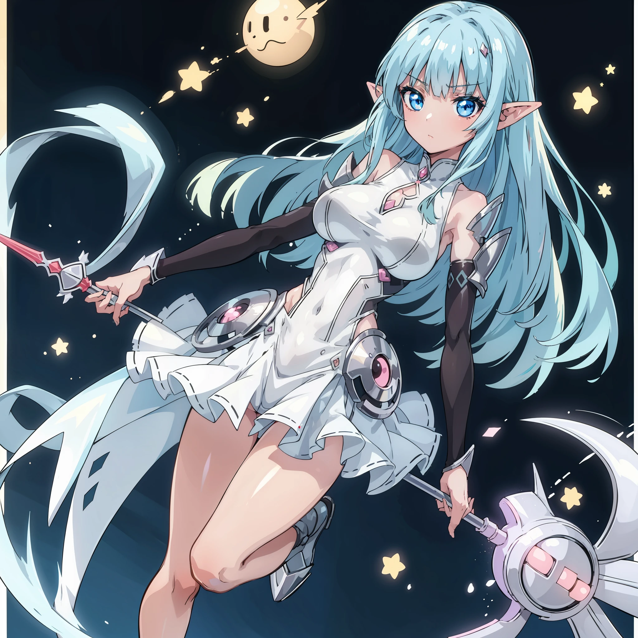 A sticker with a white cutout border on a neutral full body background. In kawaii anime style a gangly and slender female elf, dressed in light steel armor, wearing large , very large and pointed ears, long straight hair, with very expressive eyes.