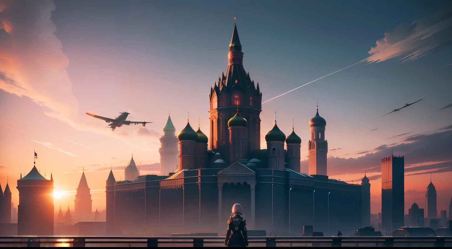 Cyberpunk Moscow, kremlin,Cyberpunk Visual Effects, Captivating beauty, Dramatic contrasts, soft-lighting, Gentle warmth, soft light, extra high resolution, Colorful, Best Quality, Perfect Female Cyborg Figure High Dynamic Range, long eyelashes, Unsurpassed masterpieces, pale skin, makeup,cyborg cyberpunk, nova,1 cyborg girl, 独奏, Short hair, moscow, kremlin, landscape, aircraft, ciberpunk, bird, Cloud, skye, transmission, No one, building, exteriors, City, Science Fiction Cyberpunk, Sunset, (machine)