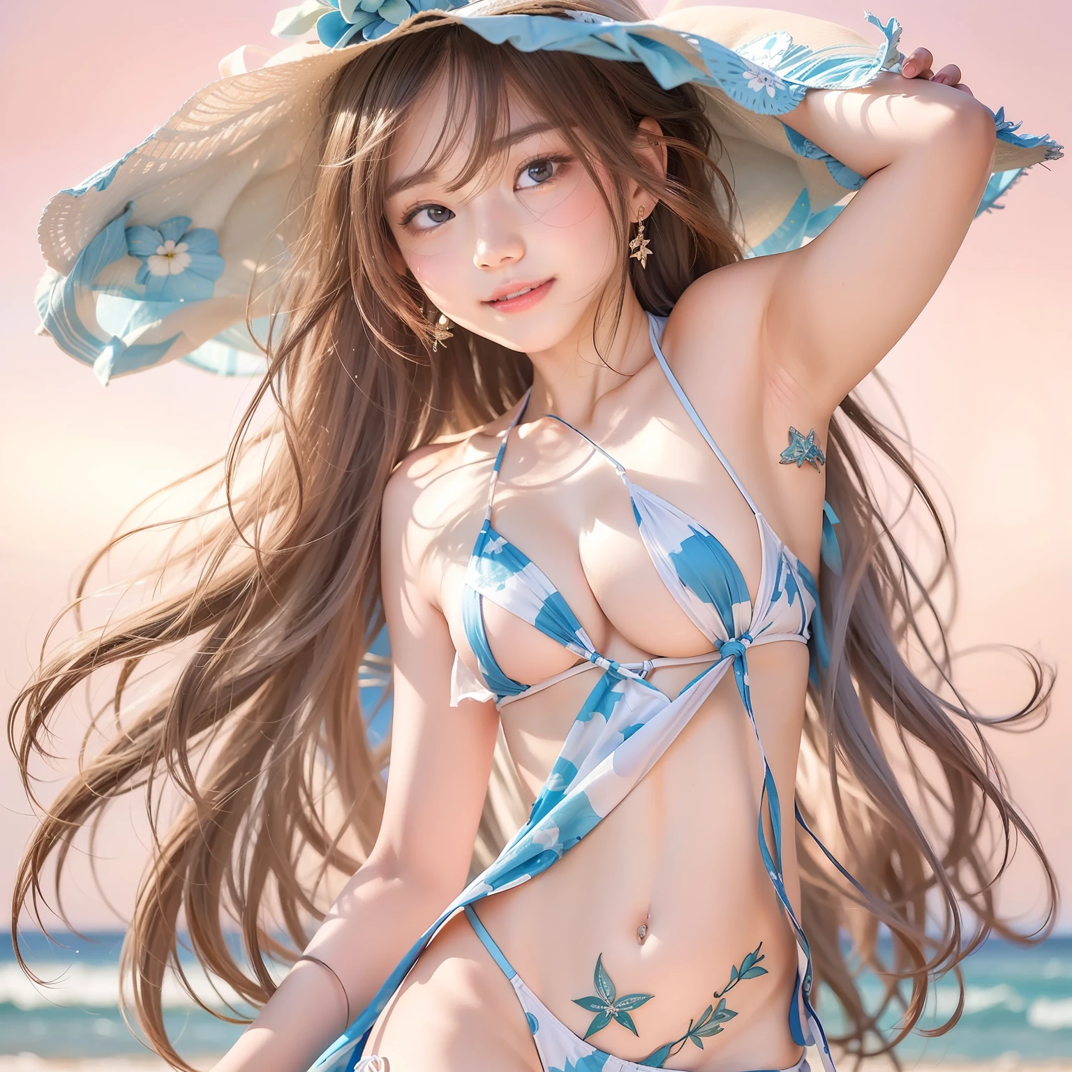 (top-quality、Top image quality、超A high resolution)、(Photorealsitic:1.6)、(masterpiece)、18year old、独奏、Realistic young idol、(small tits、flat-chest: 1.5)、tiny chest、Happy smiling face、childlike 、Ultra-detailed and realistic skin、Precise hands、Brown hair、Background is beach and blue sky、Walking on the beach in summer、blue open sky、thin fabric swimsuit、Fancy Micro Bikini、Super detailed and beautiful face、Full body photo