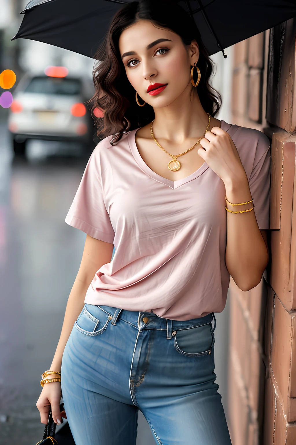 (RAW photo, realism: 1.8), (dark lip gloss, light red lipstick, many eyelashes, dark black eye shadow, shy, blushing, high quality, high resolution, depth of field, chromatic aberration, caustic, wide light, natural colors, 25 year old woman), neck thin gold chain, small earrings, gold bracelets, wear many accessories, large toned breasts, style A good woman,
((Best Quality, 8k, Masterpiece:1.3)), Focus: 1.2, Perfect Body Beauty: 1.4, Arabian 30 years old woman: 1.2, ((Short curly Hairs)), (Purple baggy basic tee-shirt:1.1), light Pink basic full body length tee-shirt, grey skinny damage jeans, long jeans: 1.1, Highly detailed face and skin texture, Detailed eyes, Double eyelids, toned body, Whitened skin, minor smile, large breasts, toned legs, beautiful detailed feets, long heel's, detailed feets and fingers, perfect feet's, toned legs, whitened skin, detailed sharp eyes and face, middle eastern woman, baggy basic tee-shirt, simple plain Baggy Tee-shirt, toned hips, 8K UHD, thin gold chain in neck, model looks, standing at carrying brown leather hand bag, rainy weather, wearing wrist watch, bracelet, bangle's open legs style Posing, rainy day, rainy atmosphere, night life, roads and traffic, standing at street side, traffic rush,