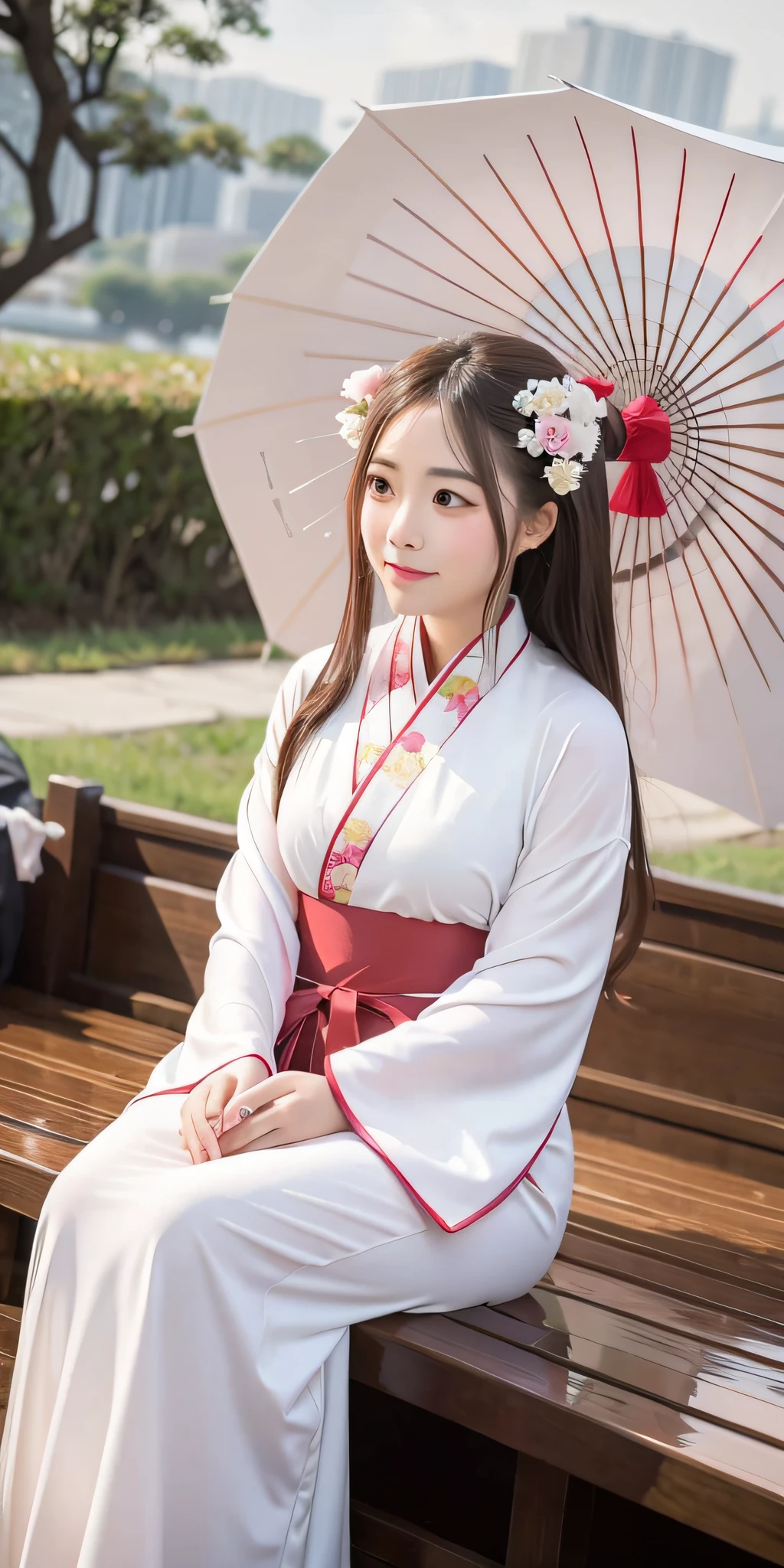 On a rainy day,A woman in Hanfu sits on a boat, picking peony flowers with both hands