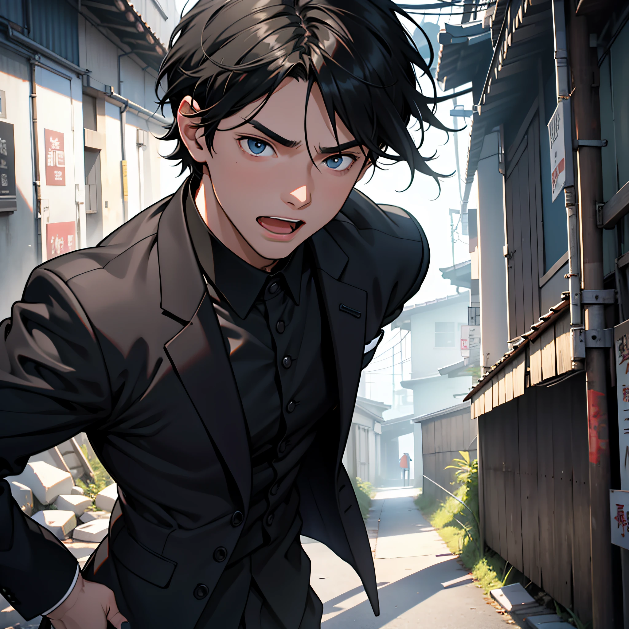 Masterpiece minimalism: A young man with short black hair in a black suit,tmasterpiece,4K,8K,finedetail,超高分辨率,best qualtiy,k hd,Complicated details,largefilesize,astounding,depth of fields,naturalshadow,(85mm,f/1.4,iso 200,1/600:0.75)The man's face showed great horror、is shocked、A look of surprise,open open mouth,
