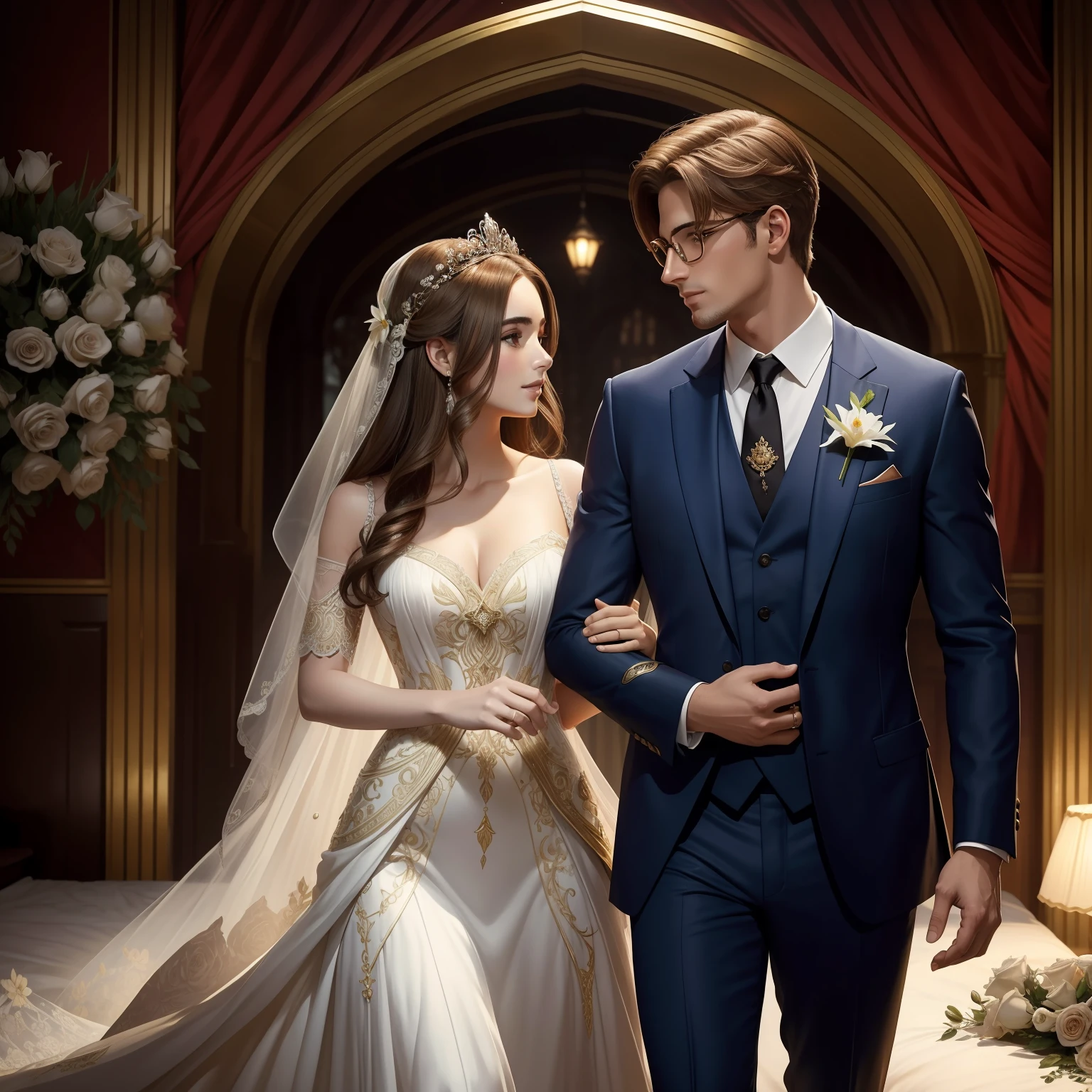 Casal se beija um home e uma mulher com muito carinho, the man Neels Visser is a prince who has light brown hair, wears a pair of glasses and wears a royal blue bridal suit and is in love with the commoner, a mulher Lily Collins;, que tem cabelo castanho claro quase ruivo claro encaracolado e usa um vestido de noiva branco e lindo, are in love and happy, They're smiling, Illustration of a novel book cover with a detailed background, liso, brilhante cheio de flores margaridas brancas cobertas de hera e rosas vermelhas, castelo, Ornate dress standing on a bed of roses, Anel luminoso, dynamic  lighting, etherial lighting, Ultra Detalhe, arte conceitual, elegante, surreal, arte por Lisa Aisato, Greg Hildebrandt, Citemer Liu, Stjepan Sejic, Samyang, Aykut Aydogdu, Justino Geraldo, Alphonse Mucha, Artgerm, WLOP e Greg Rutkowski