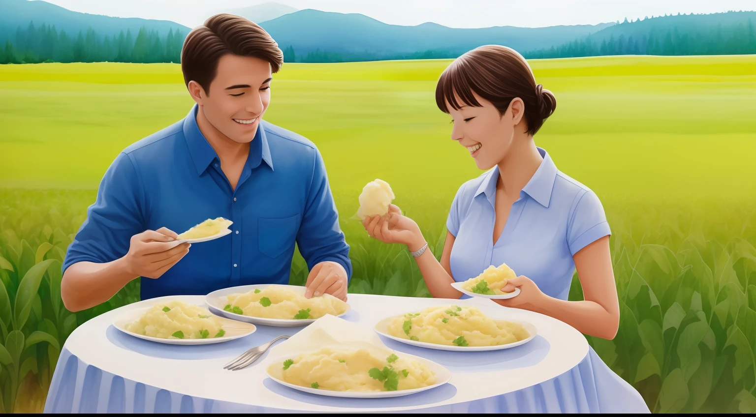 Man and woman happily eating mashed potatoes in potato field,Mashed Potato Party,Showa Sense,top-quality,watercolor paiting