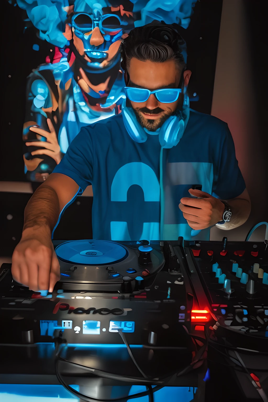 Man in blue t-shirt mixing music on DJ mixer, DJing with DJ turntables, DJ set, DJ at a party, plays techno-house music, dj, DJ Surah, Turntablism DJ scratching, profile picture 1024px, profile pic, DJ rave party, Turntablist, unknown artist, having a good time, New functions, Behind the Man Painting