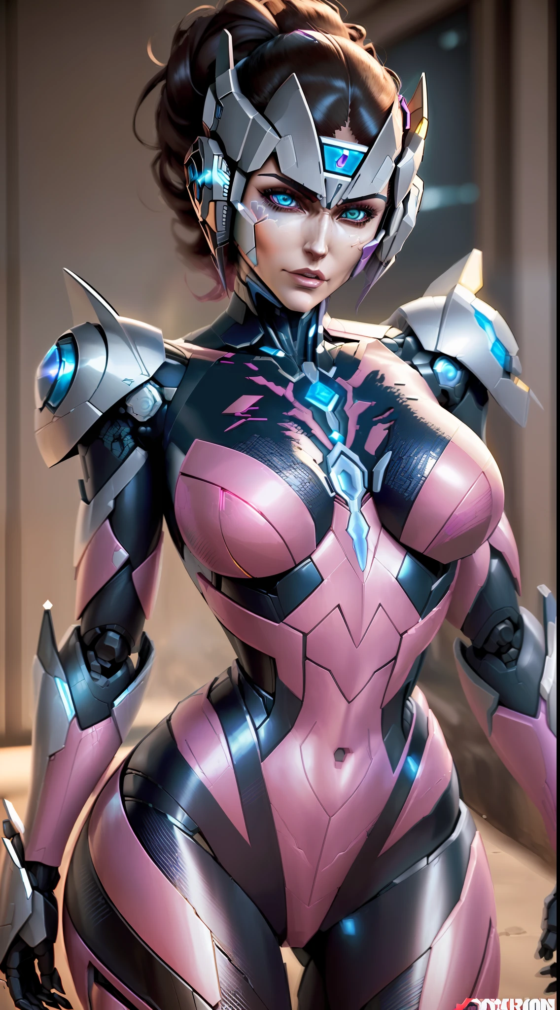 (corpo inteiro), soio, Ultra alta qualidade, maximum definition, 8k, Arcee (Transformadores: War for Cybertron), (identical to the series), totalmente humanizado, human skin, Rosto detalhado, Olhos detalhados, robotic body, Human-robot transition