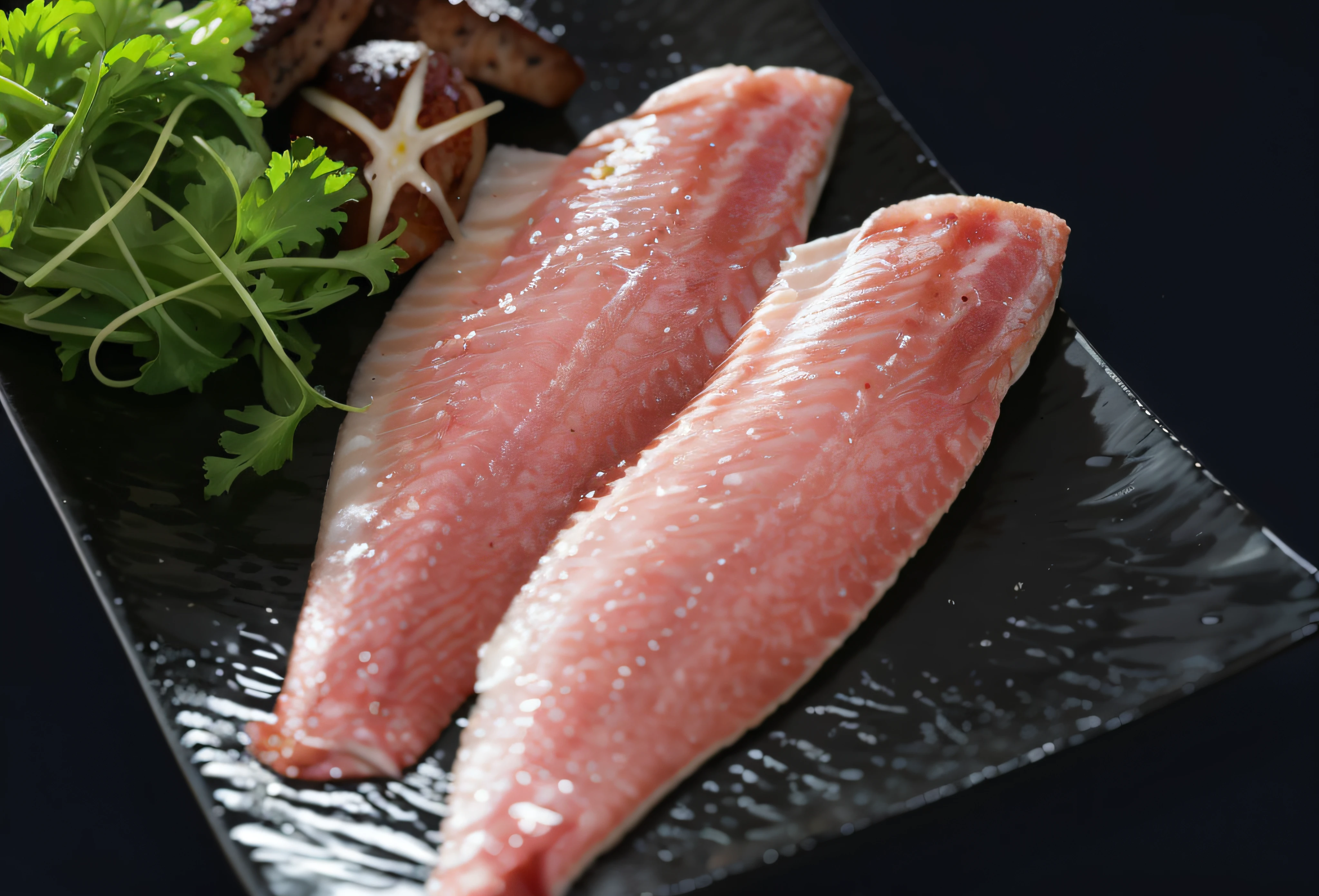 Two Atlantic redfish fillets on a black plate，Salad on top, momoshiki ōtsutsuki, style of shuzo oshimi, Asao Urata, aokan, Sakuga, iwakura, omina tachibana, hajime katoki, takada akemi, sosaku hanga, shogakukan