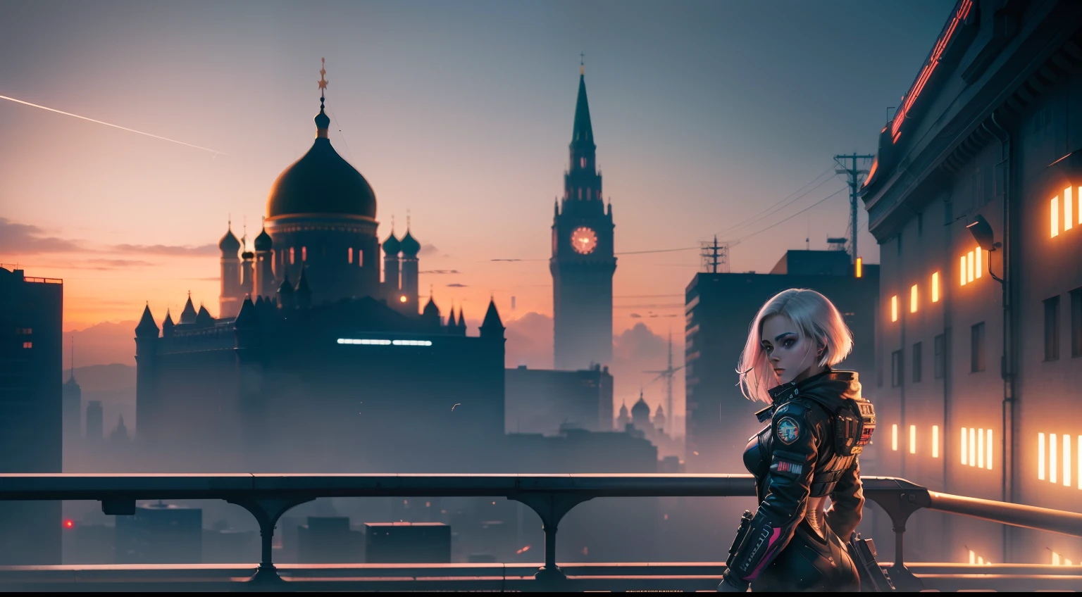 Cyberpunk Moscow, kremlin,Cyberpunk Visual Effects, Captivating beauty, Dramatic contrasts, soft-lighting, Gentle warmth, soft light, extra high resolution, Colorful, Best Quality, Perfect Female Cyborg Figure High Dynamic Range, long eyelashes, Unsurpassed masterpieces, pale skin, makeup,cyborg cyberpunk, nova,1 cyborg girl, 独奏, Short hair, moscow, kremlin, landscape, aircraft, ciberpunk, bird, Cloud, skye, transmission, No one, building, exteriors, City, Science Fiction Cyberpunk, Sunset, (machine)