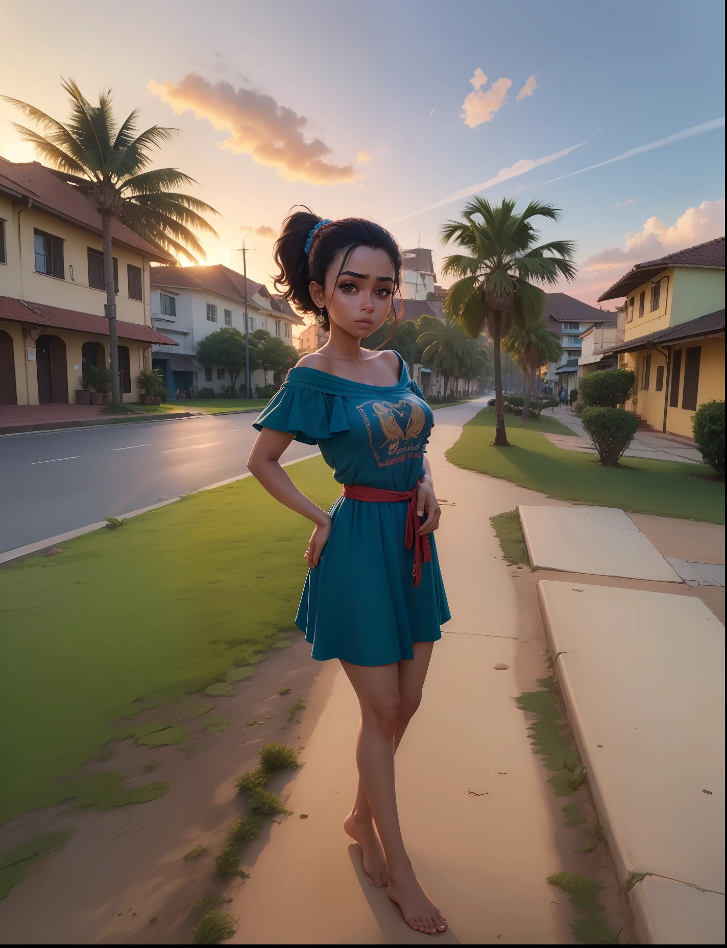 (mulher, pele branca, adolescente, Hand on waist, vestido preto, barefoot, bad guy) town square, grama verde, sun sunset, Pixar animated character