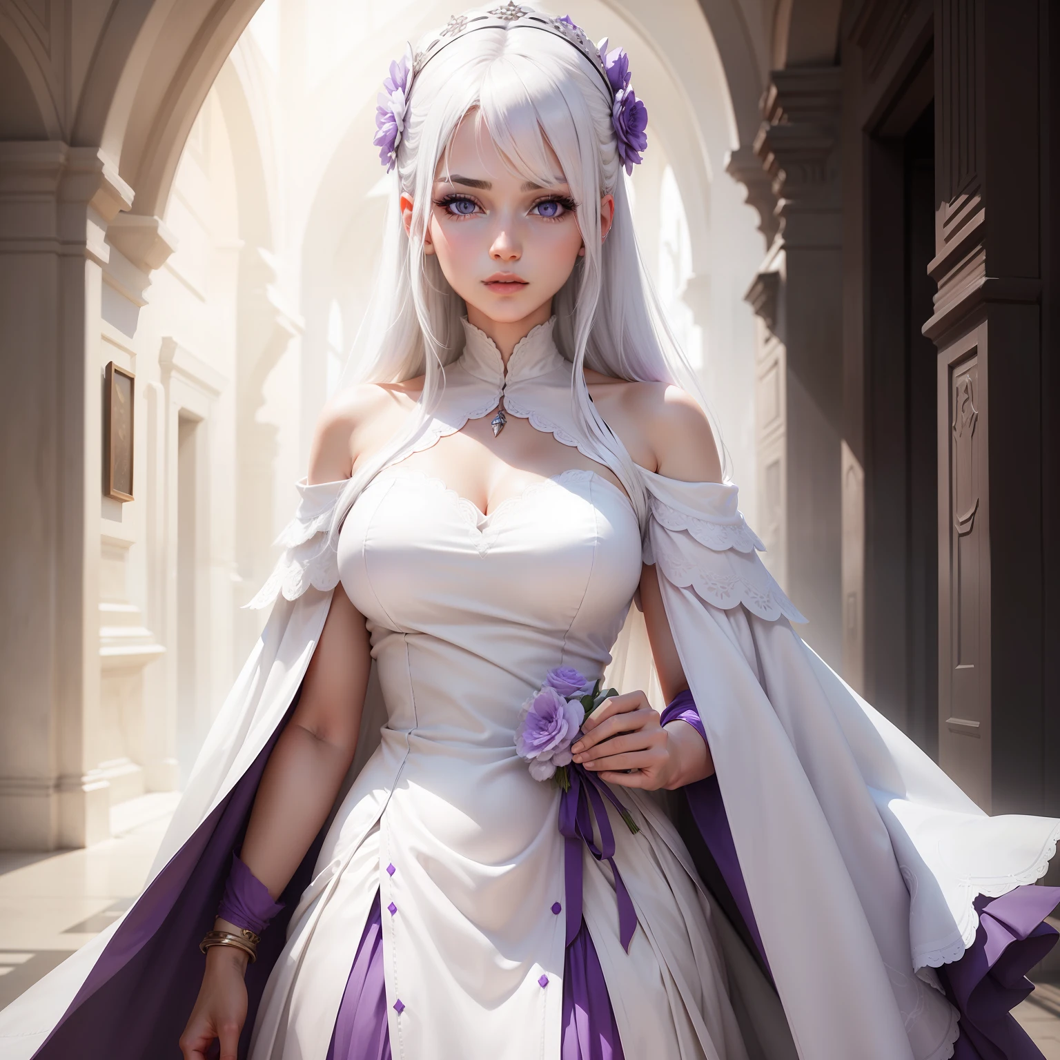 a women, white hair, purple eyes, white dress