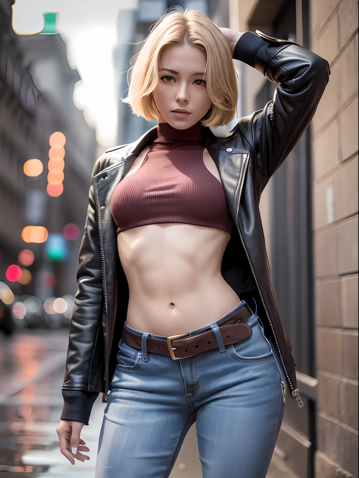 maryms, Best Quality, (beauty), 1girl, phisically-based render ,ultra highres, narrow waist, skinny, red turtleneck, baggy pants, taut clothes, jacket, muscular, cut abs, blue eyes, long legs, jeans, leather belt, small breasts, puffy eyes, leather belt, (rainy city), shiny skin, facing viewer, victory pose, detailed face, detailed eyes, european youth