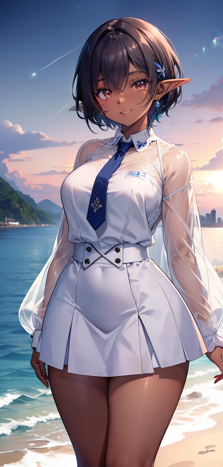 brazilian woman, dark skin, perfect brown eyes, details, elf ear, eyebrow, smiling, lips, short straight blue hair, painted on the nape pink, white long-sleeved shirt, tie, short skirt, thin waist, thick legs, thick thighs , background scenery, rio de janeiro ultra detailed, on the beach, night light, night, beautiful night