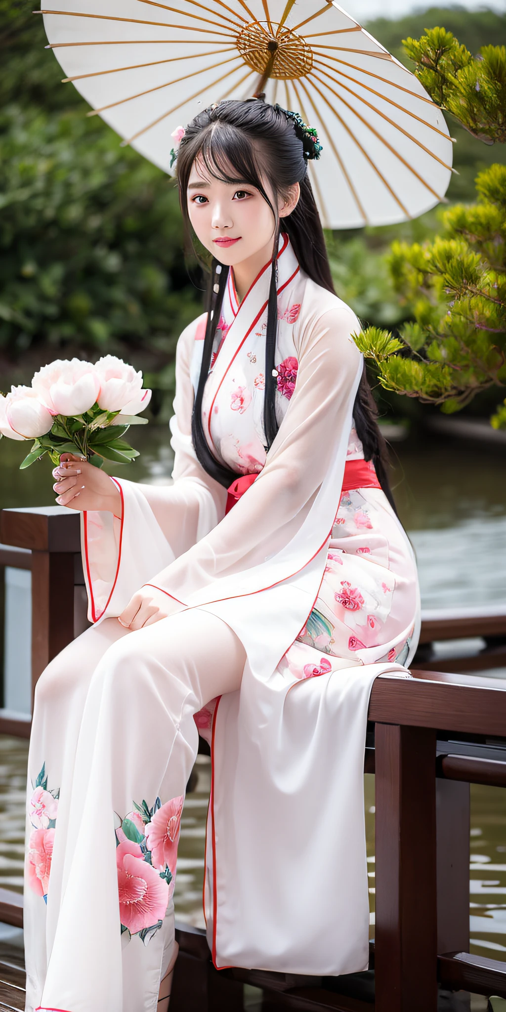 On a rainy day，The woman in Hanfu sits on the boat, Pick peony flowers with both hands