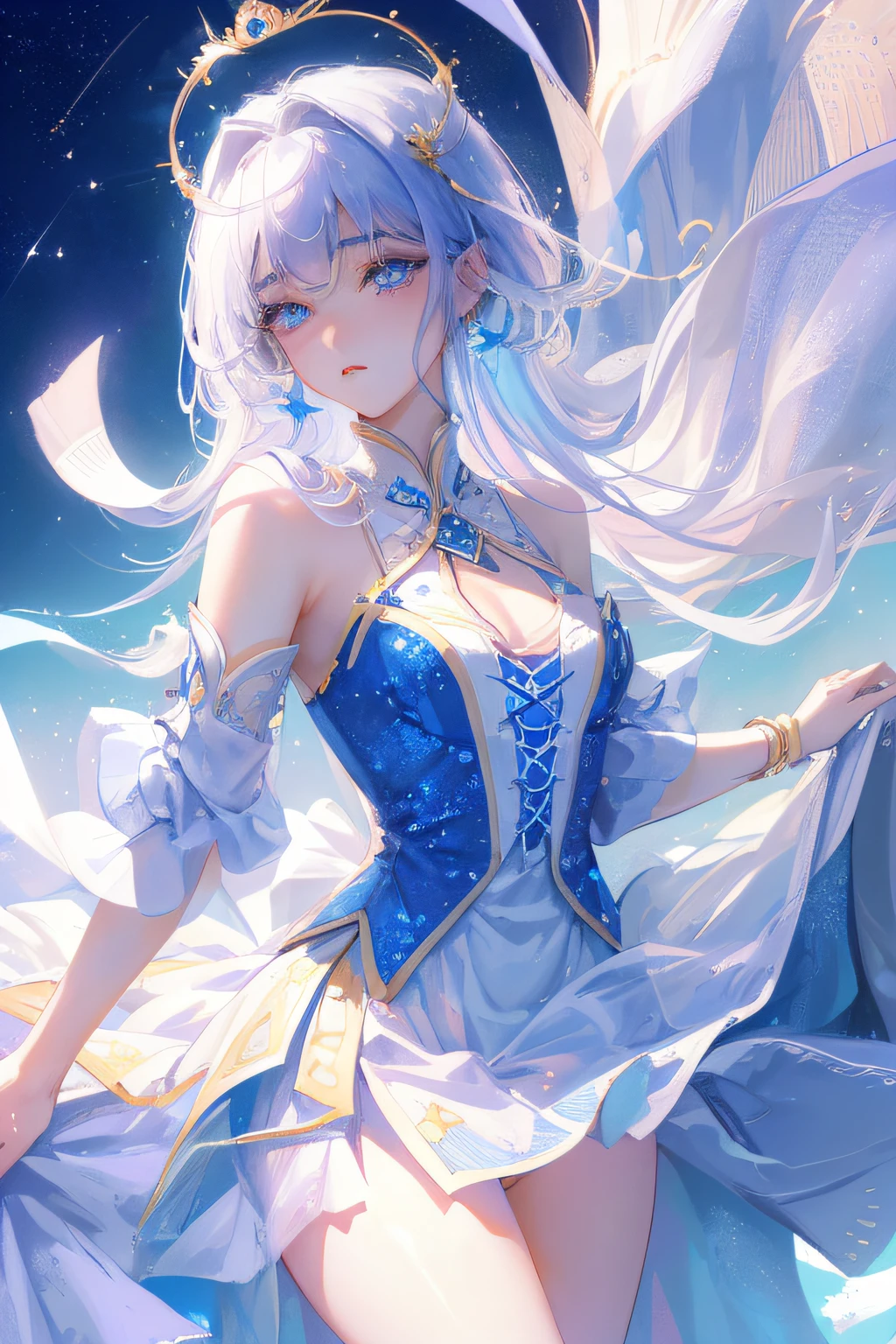 "((tmasterpiece、Need、ultra-delicate、A high resolution)), 独奏, a beauty girl, Star Eyes, perfect eyes, 18yr old, White and blue theme, Colored light spots, Soft light and shadow"