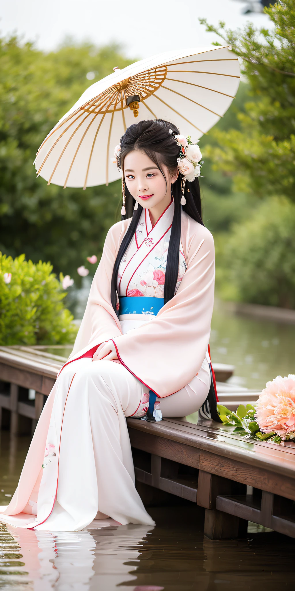 On a rainy day,The woman in Hanfu sits on the boat, Pick peony flowers with both hands