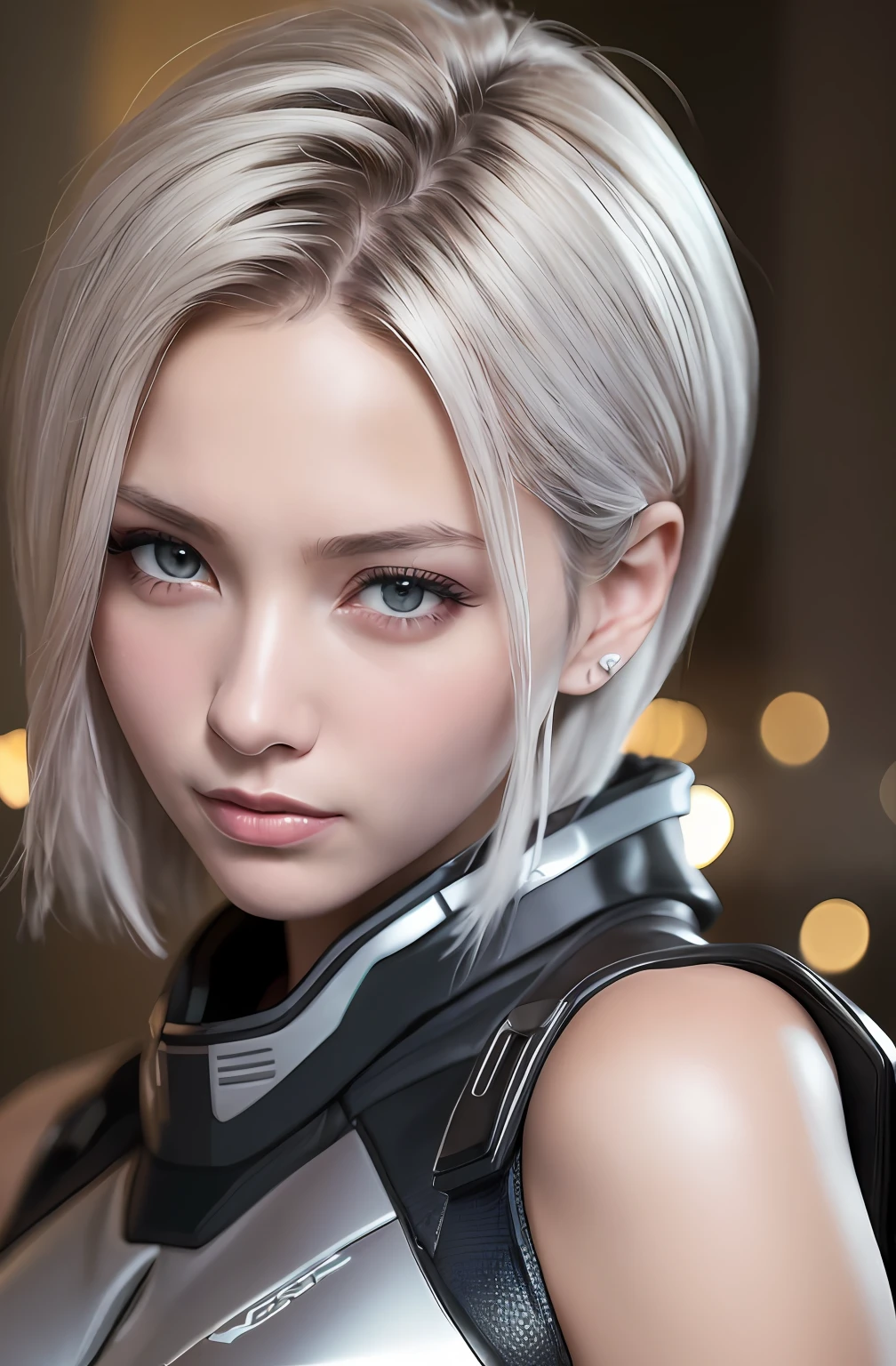 (8k, photorealistic, RAW photo, top quality: 1.4), (1girl), super beautiful, (realistic face), (boyish, silver-colored berry short hair), beautiful cyberpunk suit, glares seducing viewer, beautiful expression, beautiful , (realistic skin), beautiful smile, (soldier), attractive, ultra high resolution, ultra realistic, high definition, spoiled