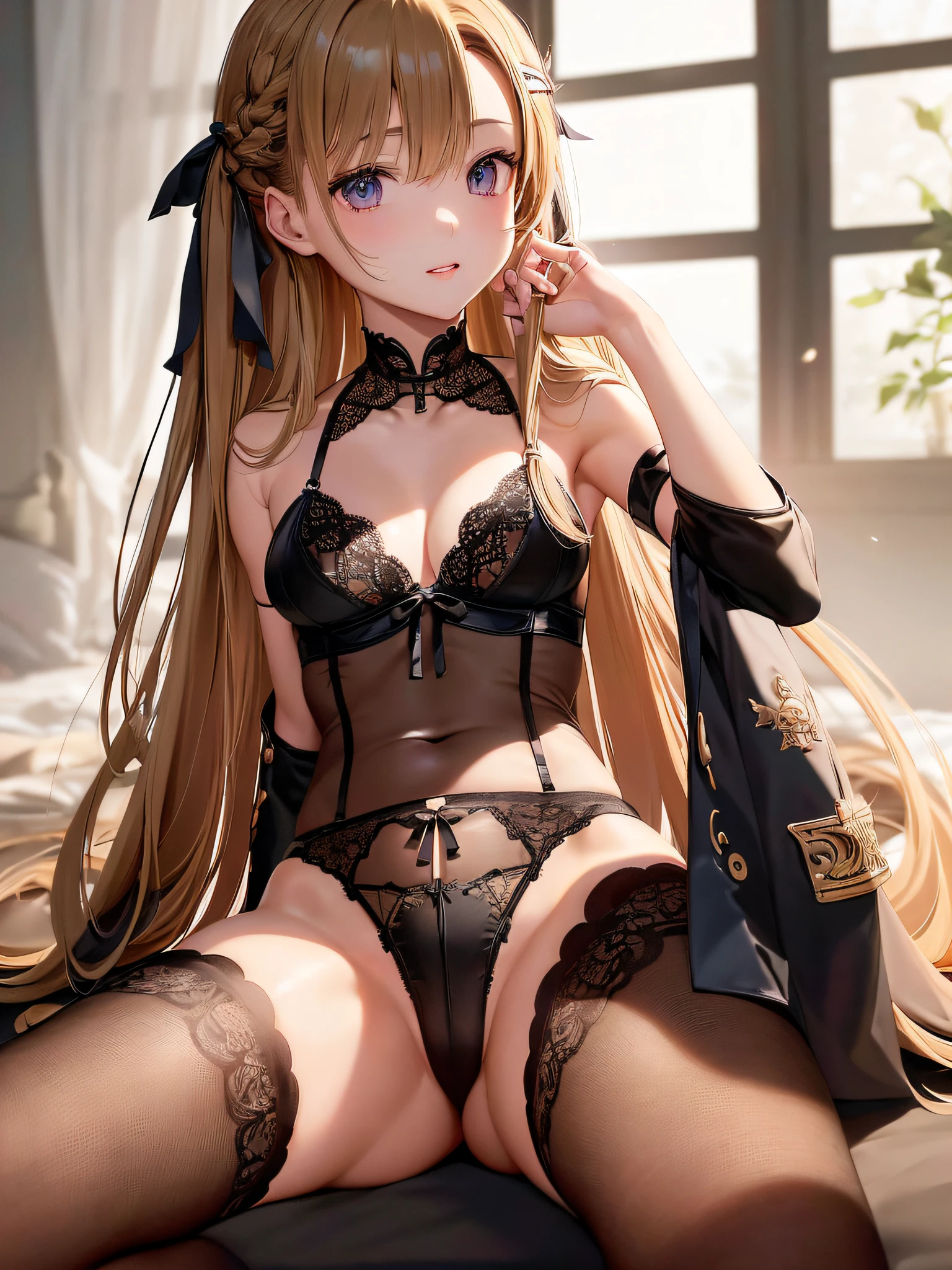 (masterpiece)、(best qualtiy)、(ultra-detailliert)、(a high chroma)、((Anatomically correct hand))、detailed skins、foco nítido、(CG Illustration)、highcontrast、(One lady)、Sword Art Online、(((Asuna Yuki)))、(Blazer Uniform))、(Fine and beautiful eyes)、Delicate beautiful face、(dishevled hair)、Disheveled clothes、Transparent lingerie、((Black stockings))、(B cup breasts)、(small nipple :1.5 )、Sitting pose with legs spread、Floating in the air、((The best lighting))、simple background