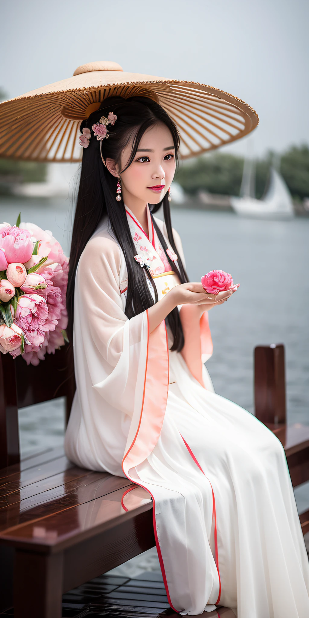 On a rainy day,The woman in Hanfu sits on the boat, Pick peony flowers with both hands