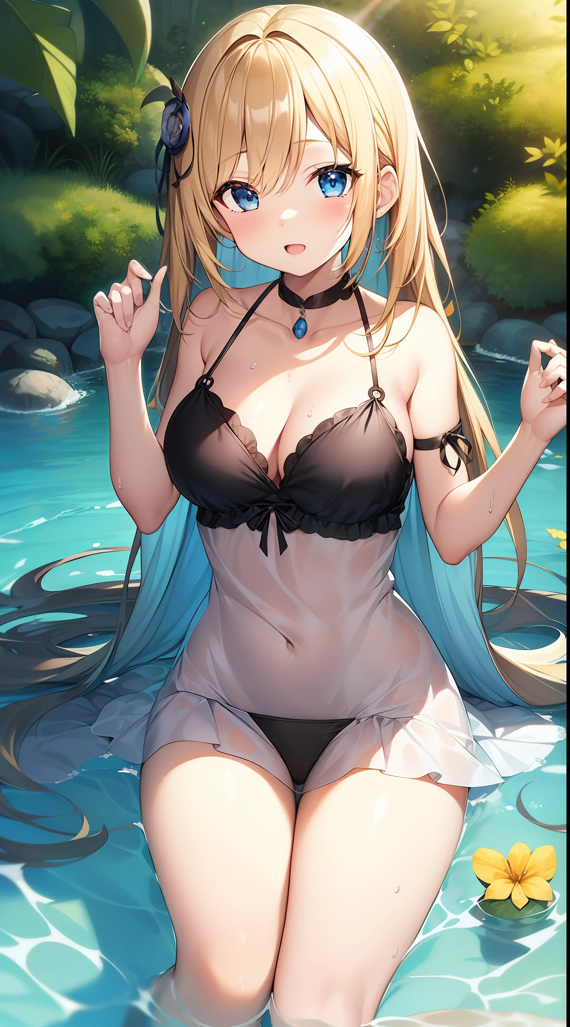 Great masterpiece、8k,1girl in、Heavenly daughter、plumage、Deities々Right、Cute anime illustration、Sunlight、bathing in water、