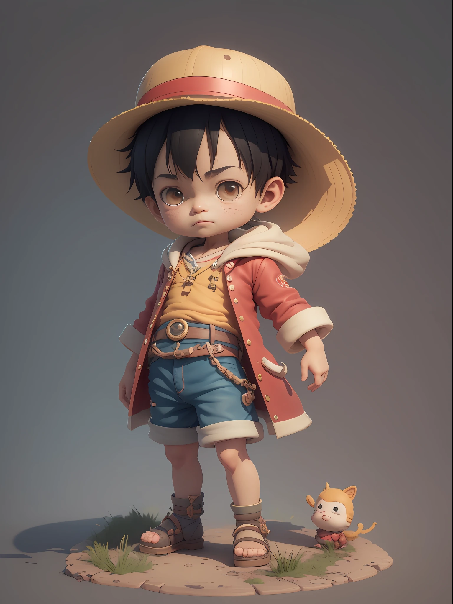 1boy, solo, cute 3d render, cute detailed digital art, male explorer mini cute boy, cute digital painting, stylized 3d render, cute digital art, cute render 3d anime boy, luffy the little pirate looks up, cute! c4d, portrait anime sea pirate boy, he is wearing an open long-sleeved red cardigan with four buttons, with a yellow sash tied around his waist, blue shorts with cuffs, sandals.