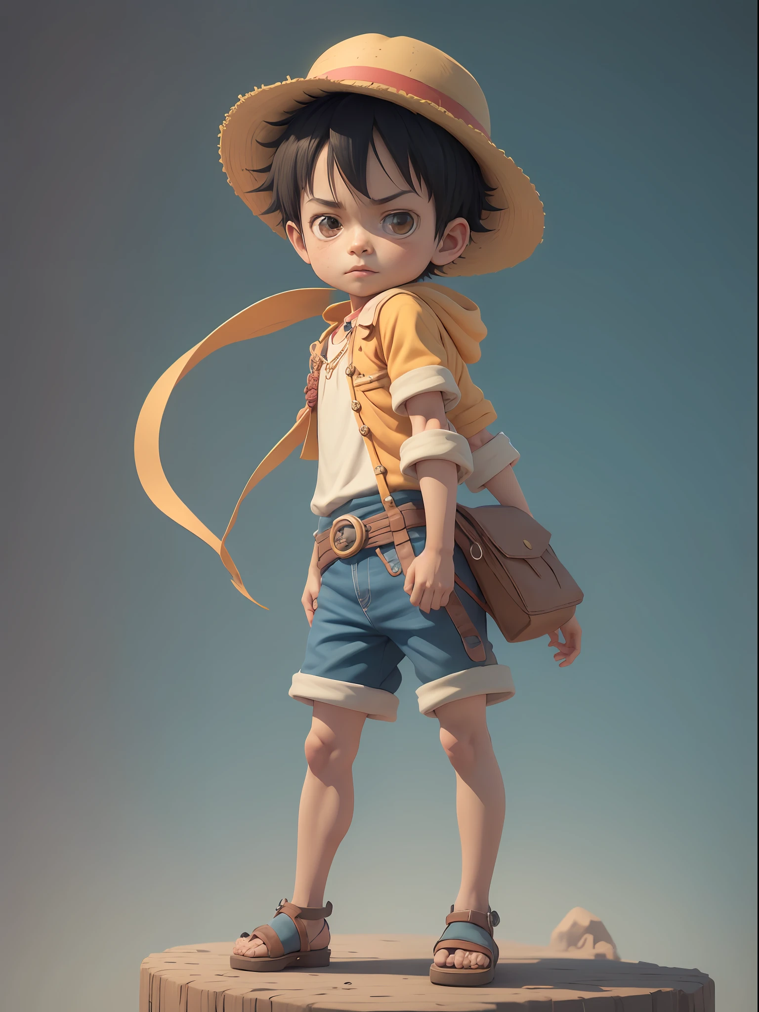 1boy, solo, cute 3d render, cute detailed digital art, male explorer mini cute boy, cute digital painting, stylized 3d render, cute digital art, cute render 3d anime boy, luffy the little pirate looks up, cute! c4d, portrait anime sea pirate boy, he is wearing an open long-sleeved red cardigan with four buttons, with a yellow sash tied around his waist, blue shorts with cuffs, sandals.