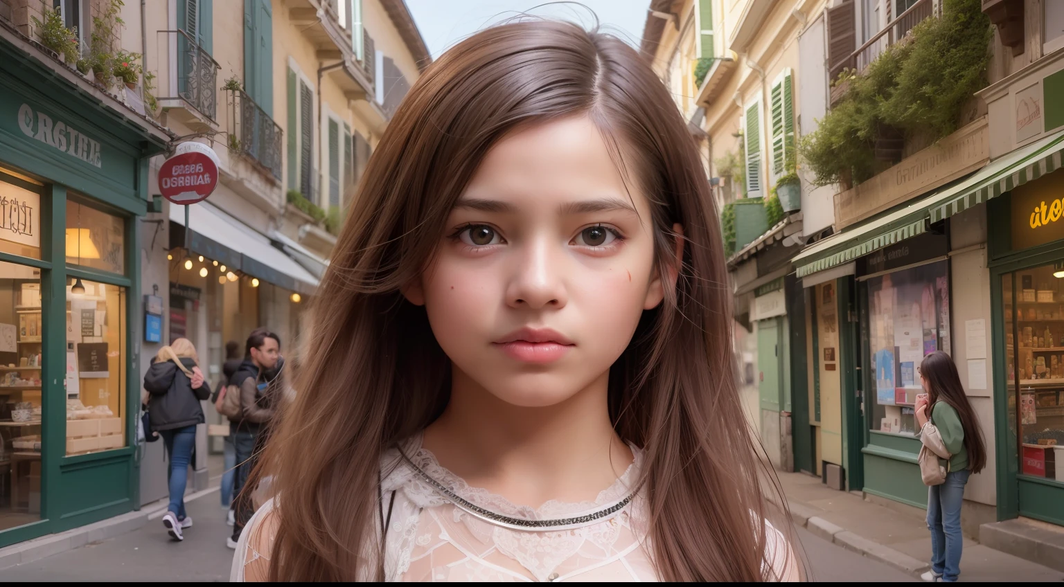 "Generate a hyper-realistic image of a 10-year-old girl from France with authentic France features hair, skin colour, eyes, real, set against a realistic street background, showcasing the best quality and intricate details."