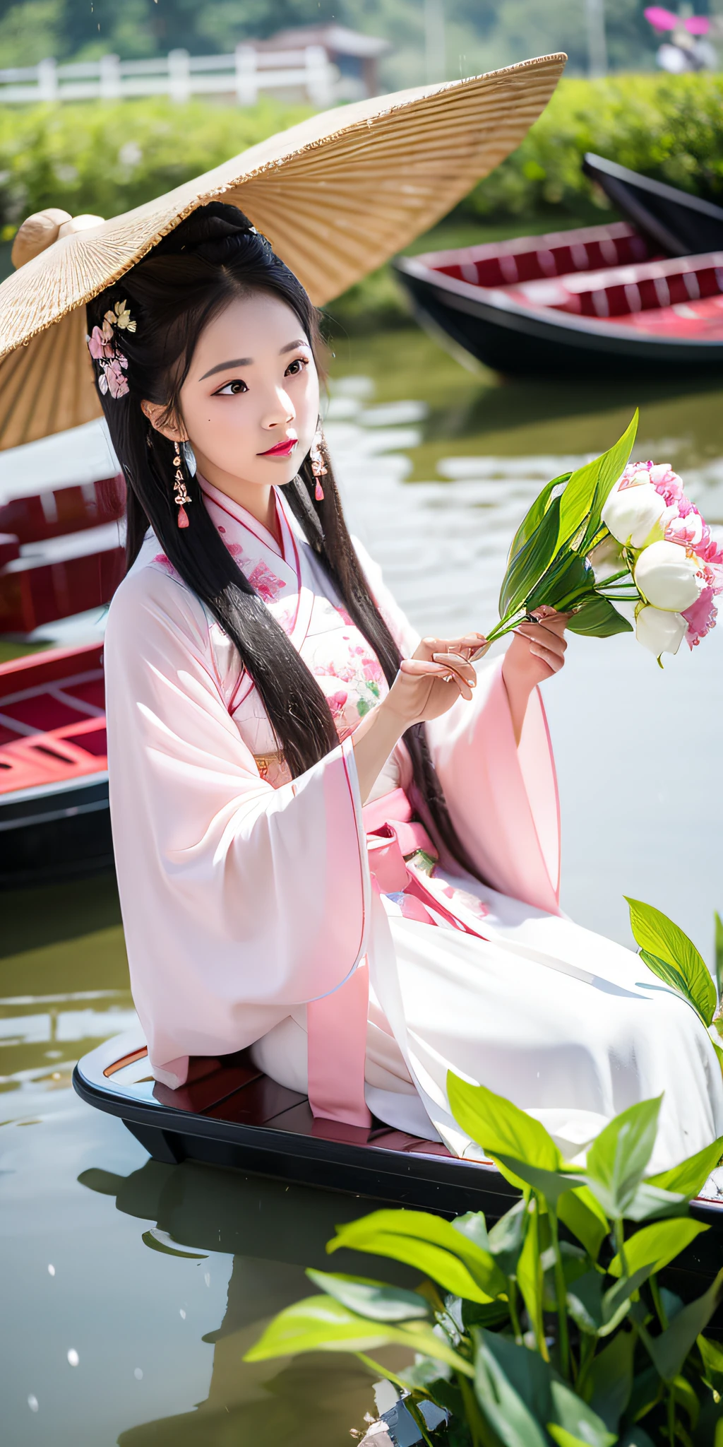On a rainy day,The woman in Hanfu sits on the boat, Pick peony flowers with both hands