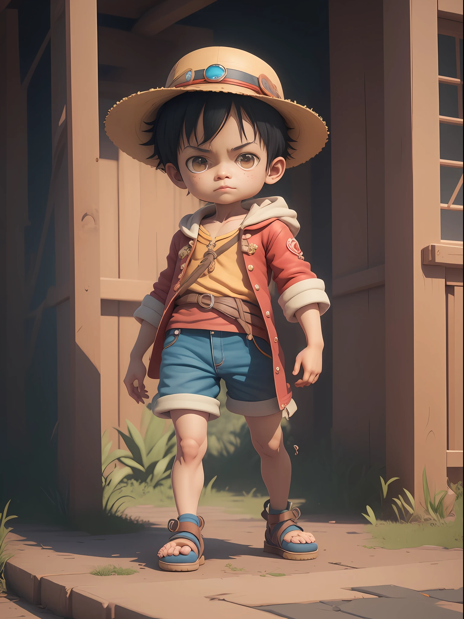 1boy, solo, cute 3d render, cute detailed digital art, male explorer mini cute boy, cute digital painting, stylized 3d render, cute digital art, cute render 3d anime boy, luffy the little pirate looks up, cute! c4d, portrait anime sea pirate boy, he is wearing an open long-sleeved red cardigan with four buttons, with a yellow sash tied around his waist, blue shorts with cuffs, sandals.