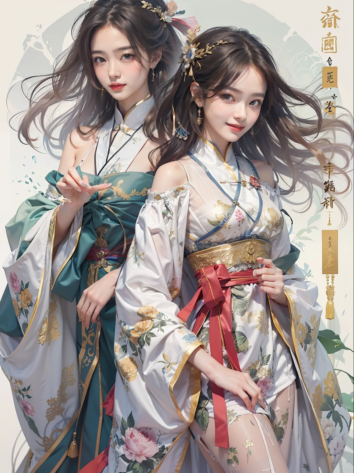 (Best Picture Quality, tmasterpiece, 超高分辨率, Girl with a smile on her shoulder)  Long hair drifts don't，Long legs，evening formal robes