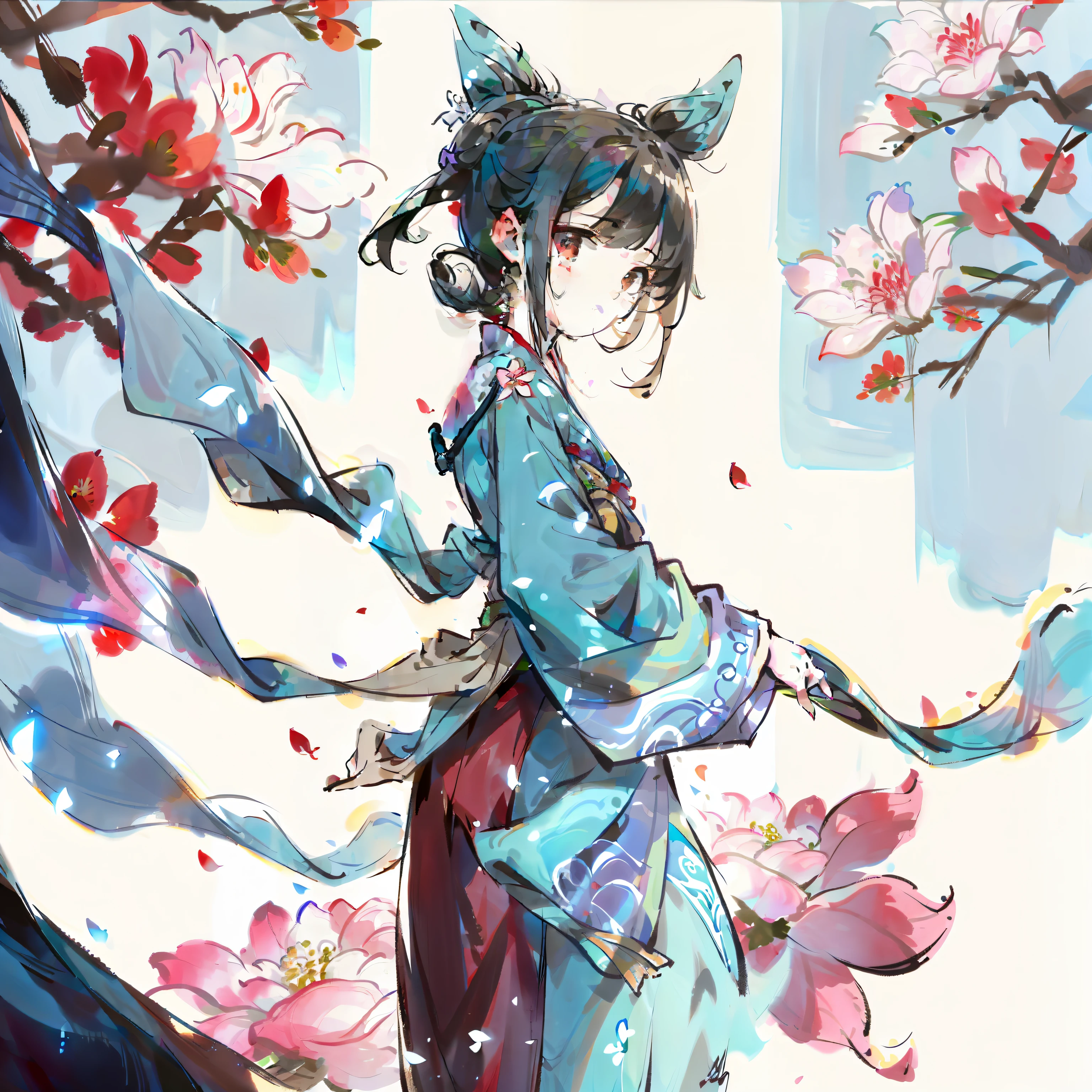 Hanfu、Barefoot、Stand in the water、Hair tied、ssmile、Flower and bird background