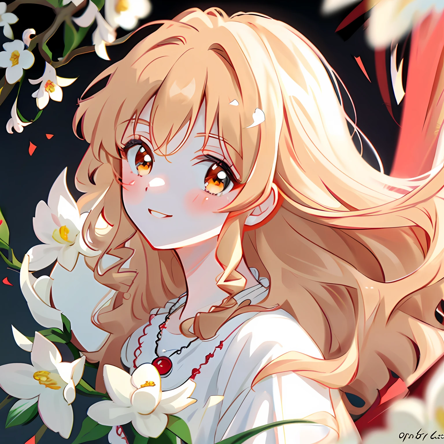 red bow, blond hair, anime, ghibli, anime style, close up, from side, first-person perspective, 8k, super detail, masterpiece, high quality, high resolution, high detail, white background, face detail, happiness, curly hair, bouquet holding magnolia flowers, necklace, long hair, HD quality,