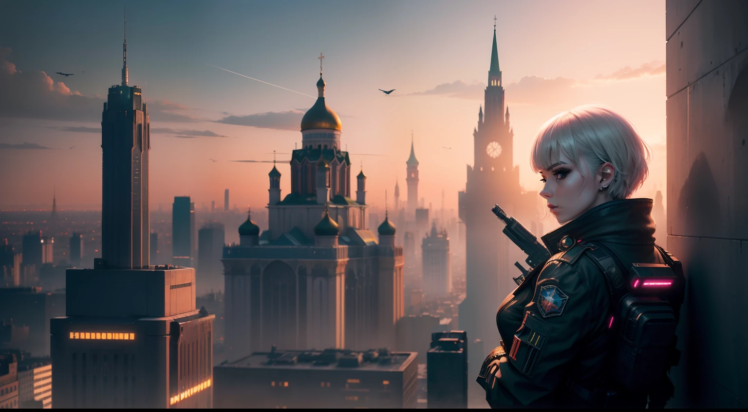 Cyberpunk Moscow, kremlin,Cyberpunk Visual Effects, Captivating beauty, Dramatic contrasts, soft-lighting, Gentle warmth, soft light, extra high resolution, Colorful, Best Quality, Perfect Female Cyborg Figure High Dynamic Range, long eyelashes, Unsurpassed masterpieces, pale skin, makeup,cyborg cyberpunk, nova,1 cyborg girl, 独奏, Short hair, moscow, kremlin, landscape, aircraft, ciberpunk, bird, Cloud, skye, transmission, No one, building, exteriors, City, Science Fiction Cyberpunk, Sunset, (machine)