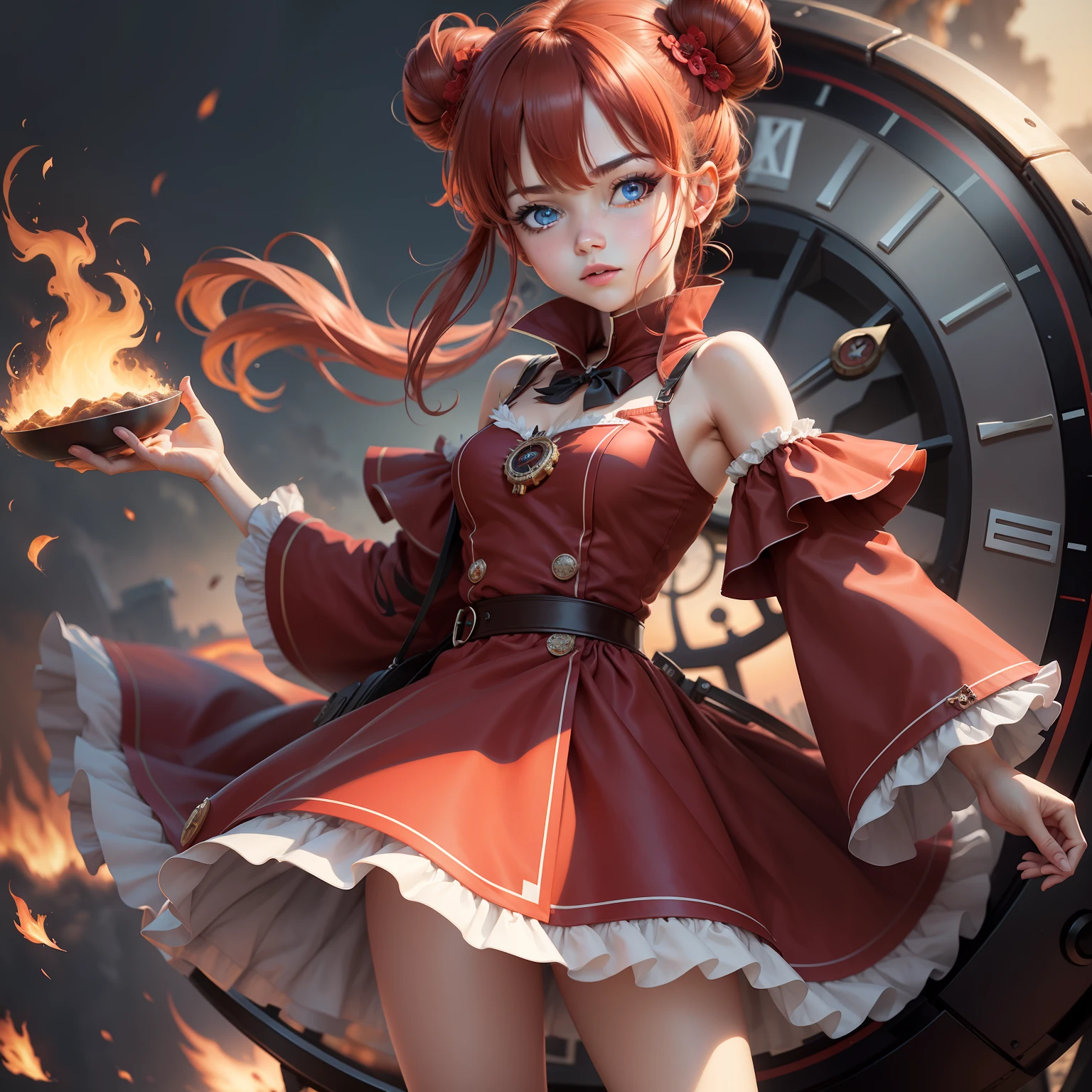 tmasterpiece， 8k， Perfect ligthing， ， ， femele， looking at viewert， 电影灯光， cowboy lens， （Tinker Bell：1.5）， （Tinker Bell Waifu：1.1）， Single bun， （shift dresses）， ）， ， ， ， eBlue eyes， （detailedeyes：1.2）， Be red in the face， zoomout， Internal clock， （gear wheel：1.4）， （Wind：1.6）， （mend：1.5）， ， ，
