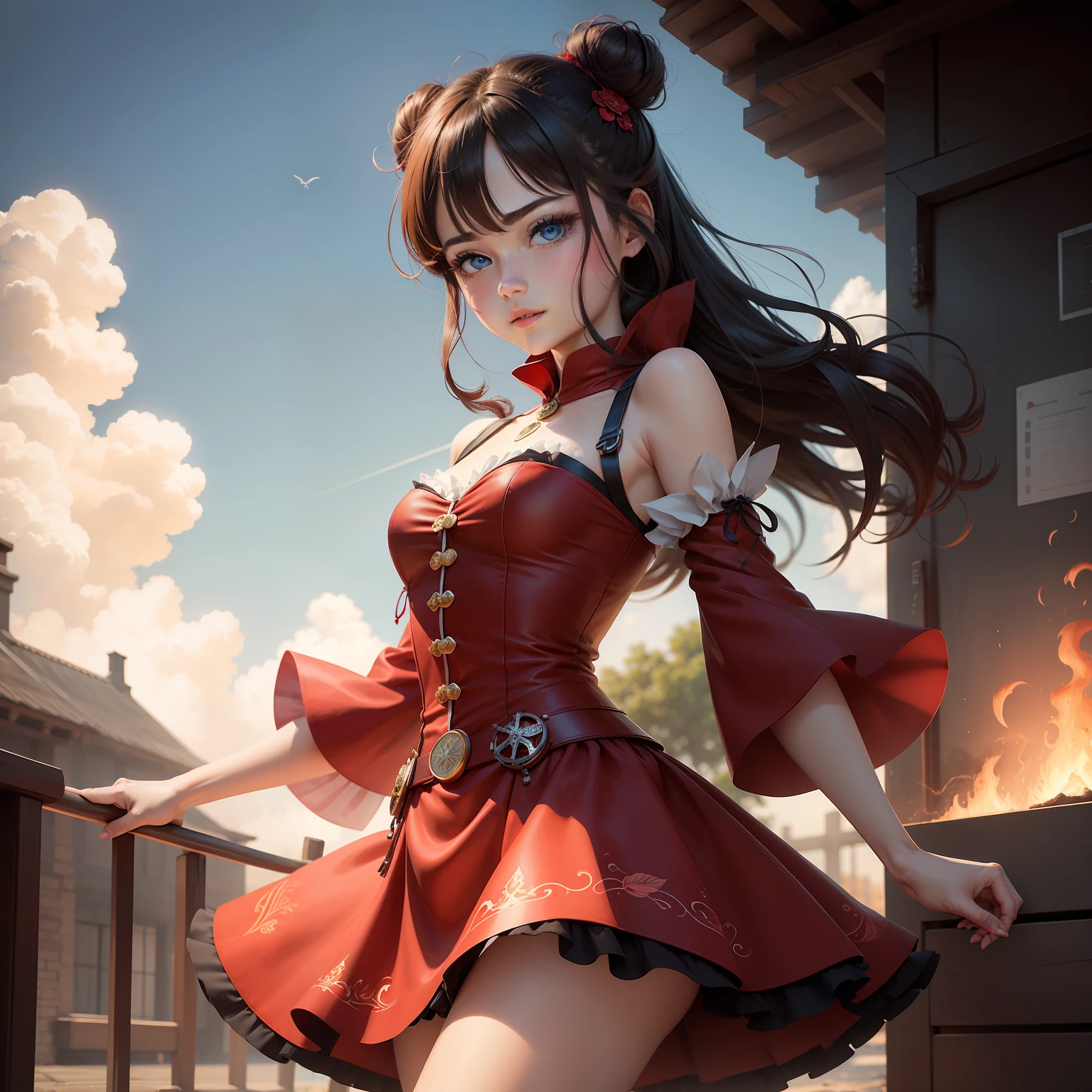 tmasterpiece, 8k, Perfect ligthing, , , femele, looking at viewert, 电影灯光, cowboy lens, (Tinker Bell:1.5), (Tinker Bell Waifu:1.1), Single bun, (shift dresses), ), , , , eBlue eyes, (detailedeyes:1.2), Be red in the face, zoomout, Internal clock, (gear wheel:1.4), (Wind:1.6), (mend:1.5), , ,