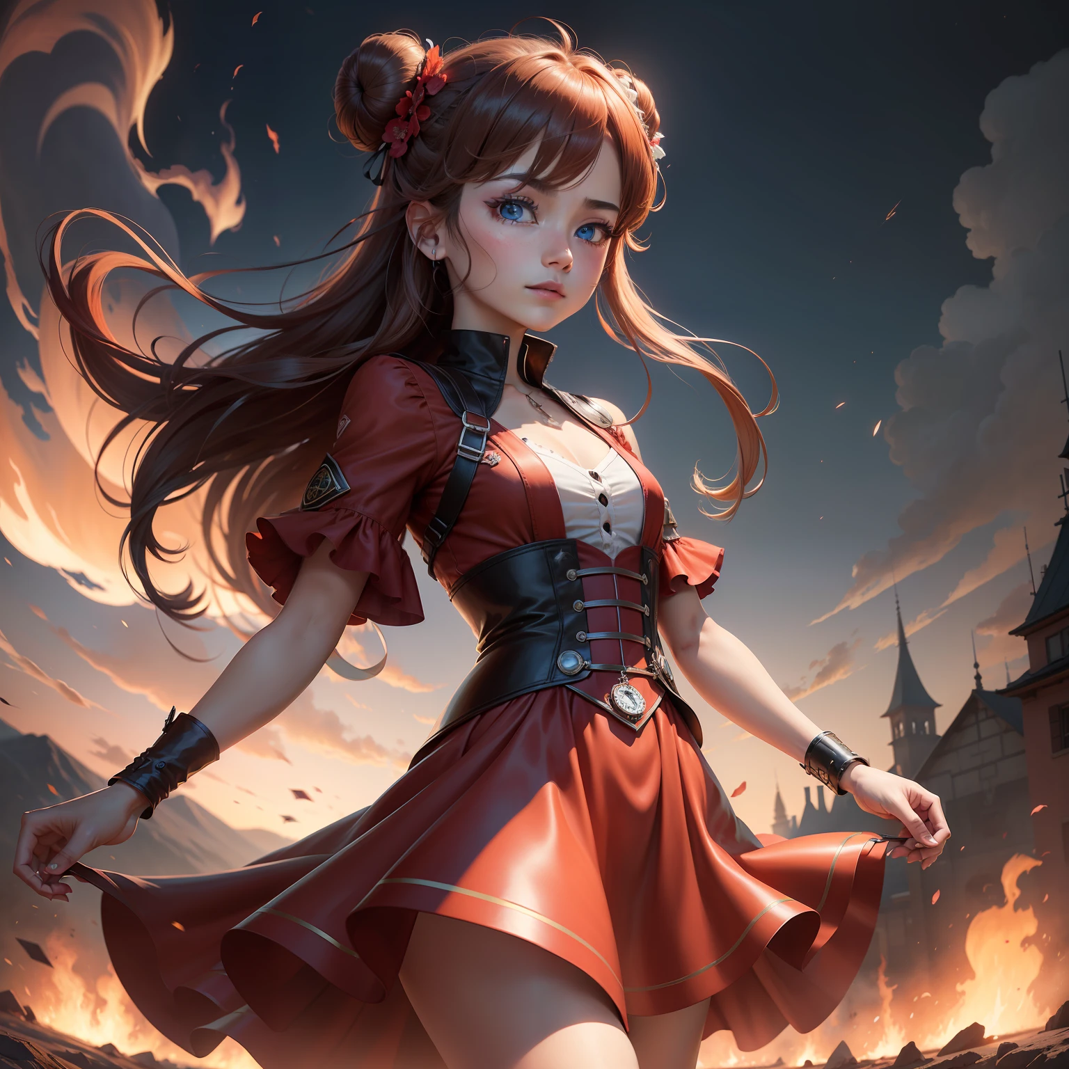 tmasterpiece, 8k, Perfect ligthing, , , femele, looking at viewert, 电影灯光, cowboy lens, (Tinker Bell:1.5), (Tinker Bell Waifu:1.1), Single bun, (shift dresses), ), , , , eBlue eyes, (detailedeyes:1.2), Be red in the face, zoomout, Internal clock, (gear wheel:1.4), (Wind:1.6), (mend:1.5), , ,