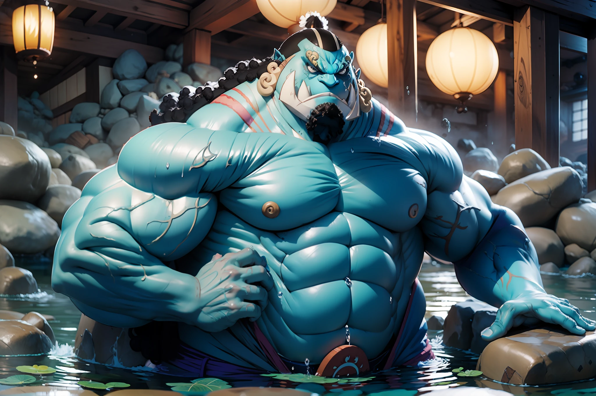 muscular man (jinbei) enjoying a relaxing soak in an onsen, blue skin, flowing in the water, partially submerged
