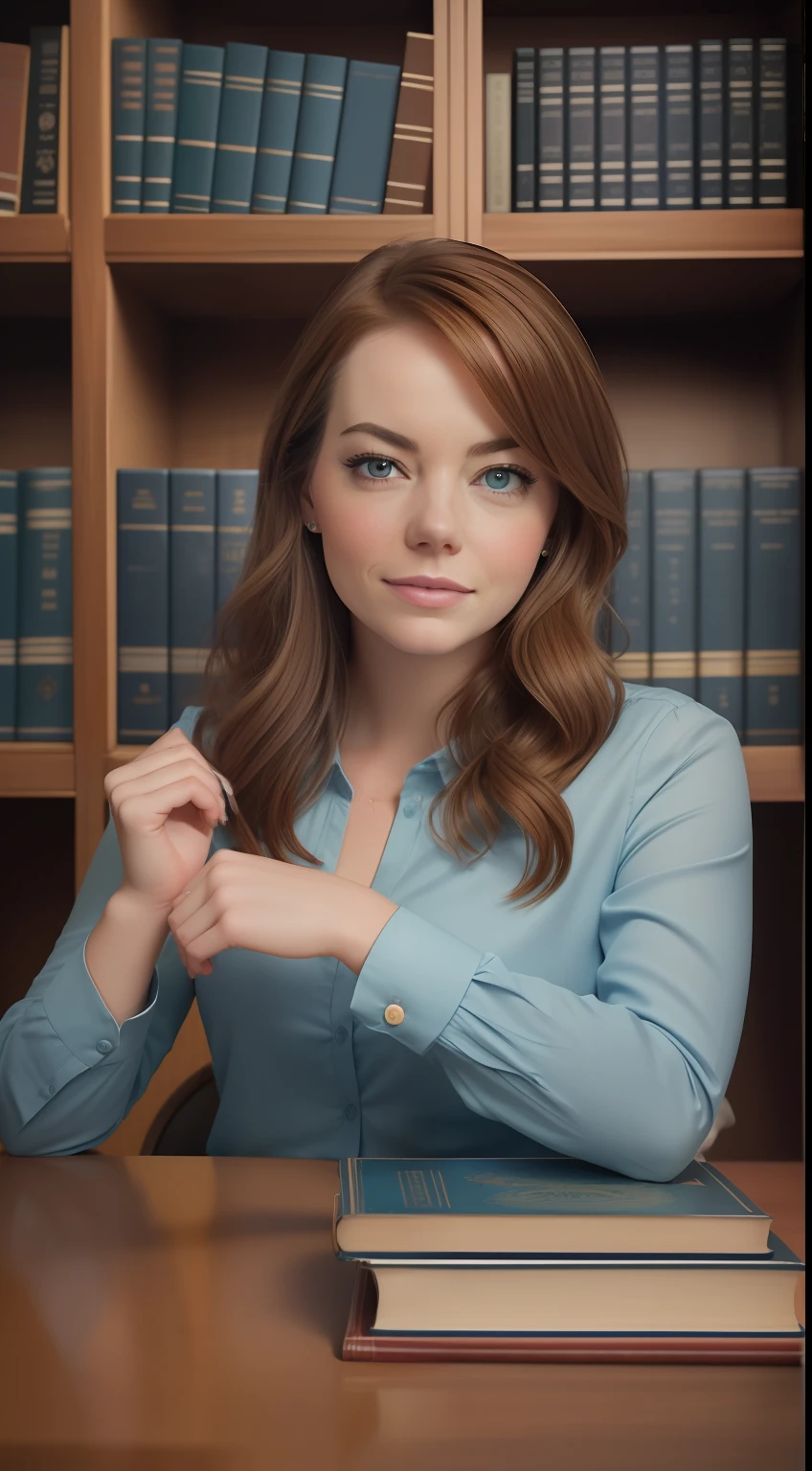 woman 24YO face similar Emma Stone, light blue shirt, arafed woman face similar Emma Stone, in a library with bookshelves and a book case, librarian, well lit professional photo, book portrait, promotional portrait, female lawyer, close-up professional portrait, library background, detailed professional photo, mid-shot, mid - shot, advertising photo, professional portrait photo, the librarian, photo of young woman, professional portrait, professional portrait photograph