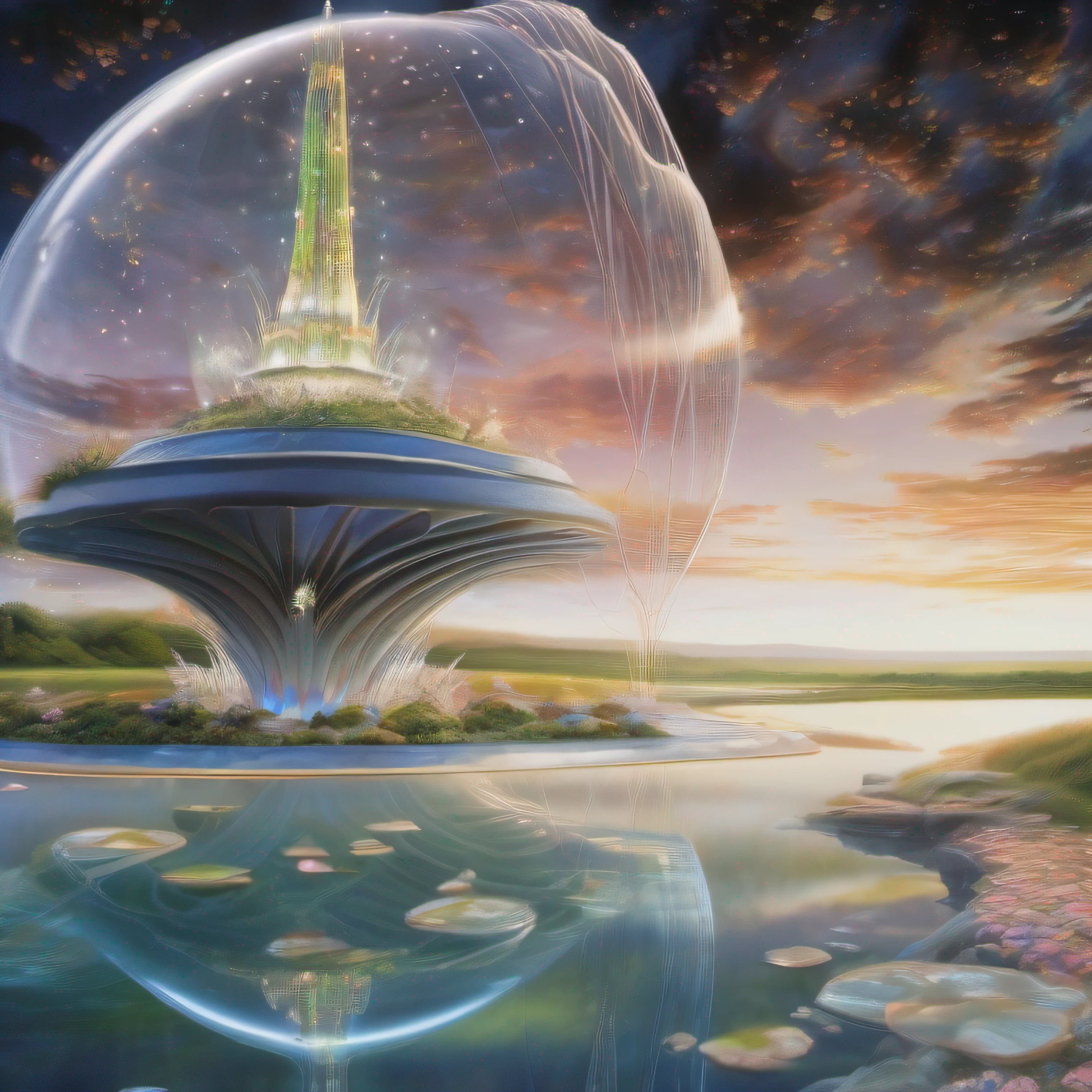 Encased within a colossal glass dome, a charming water fairy manipulates a swirling water pillar into delicate ice crystals. The spectacle, captured mid-air, unfolds in stunning 16K ultra-high resolution. The glass dome’s clarity reveals a close-up of the fairy’s expressive features. Her vibrant eyes, adorned with intricately detailed iris patterns of baby blues, silvers, and dazzling crystal whites, captivate viewers. Directed by Hayao Miyazaki, this scene, brimming with photorealistic detailing, immerses viewers into a magical fairy realm, all within the confines of a glass dome.