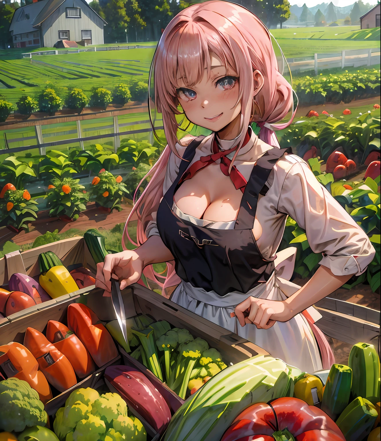 masutepiece、Ultra-high-definition digital art、(farmhouse)、girl with、brawn hair、poneyTail、pinafore、(Harvesting vegetables on the farm)、Crystal clear skin、kawaii eyes、、Slashing vegetables with a kitchen knife、perfect hand、intricate detailes、sharpnes、A sexy、cleavage of the breast、ssmile