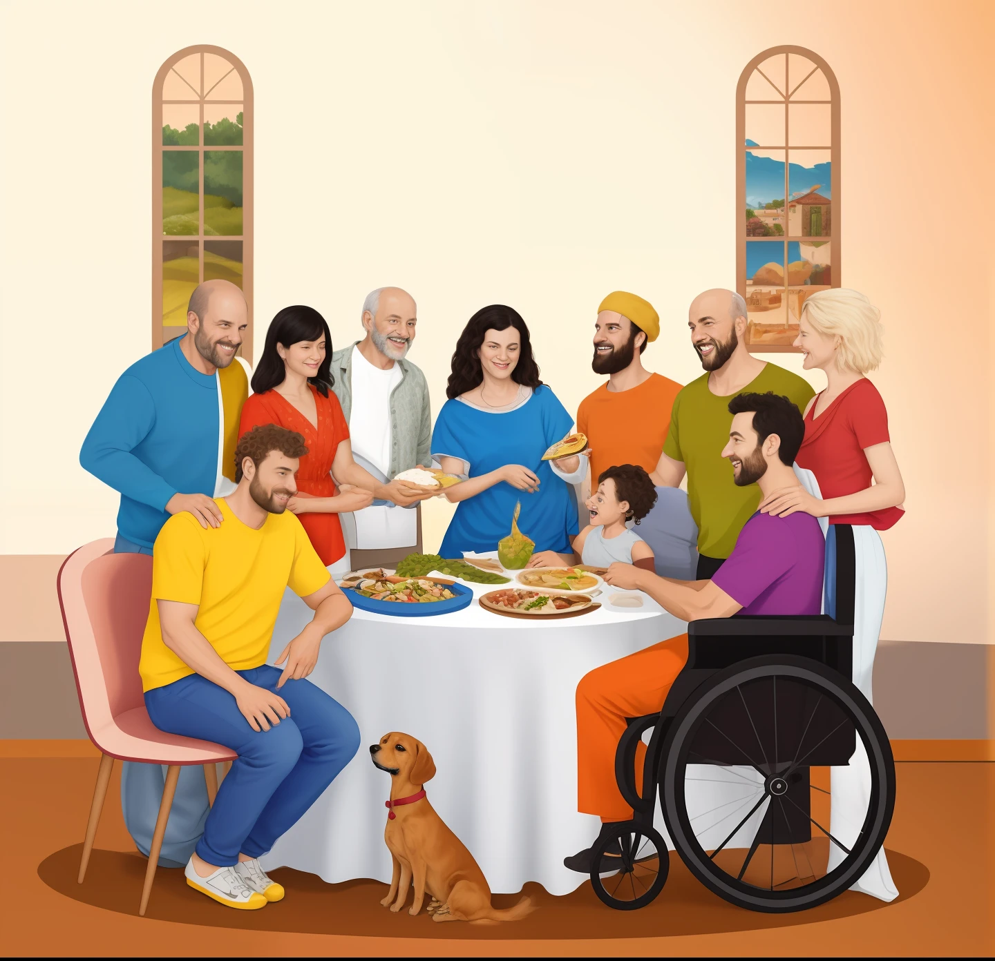 Arafed family sitting around a table with a dog, Person at the Table, family dinner, full-colour illustration, Person inside eating meals, em uma mesa de jantar, last supper composition, the table is full of food, beautiful depiction, Directed by: David Burton-Richardson, Directed by: Siona Shimshi, !!Posando_como_Lastly_ceia, 4k