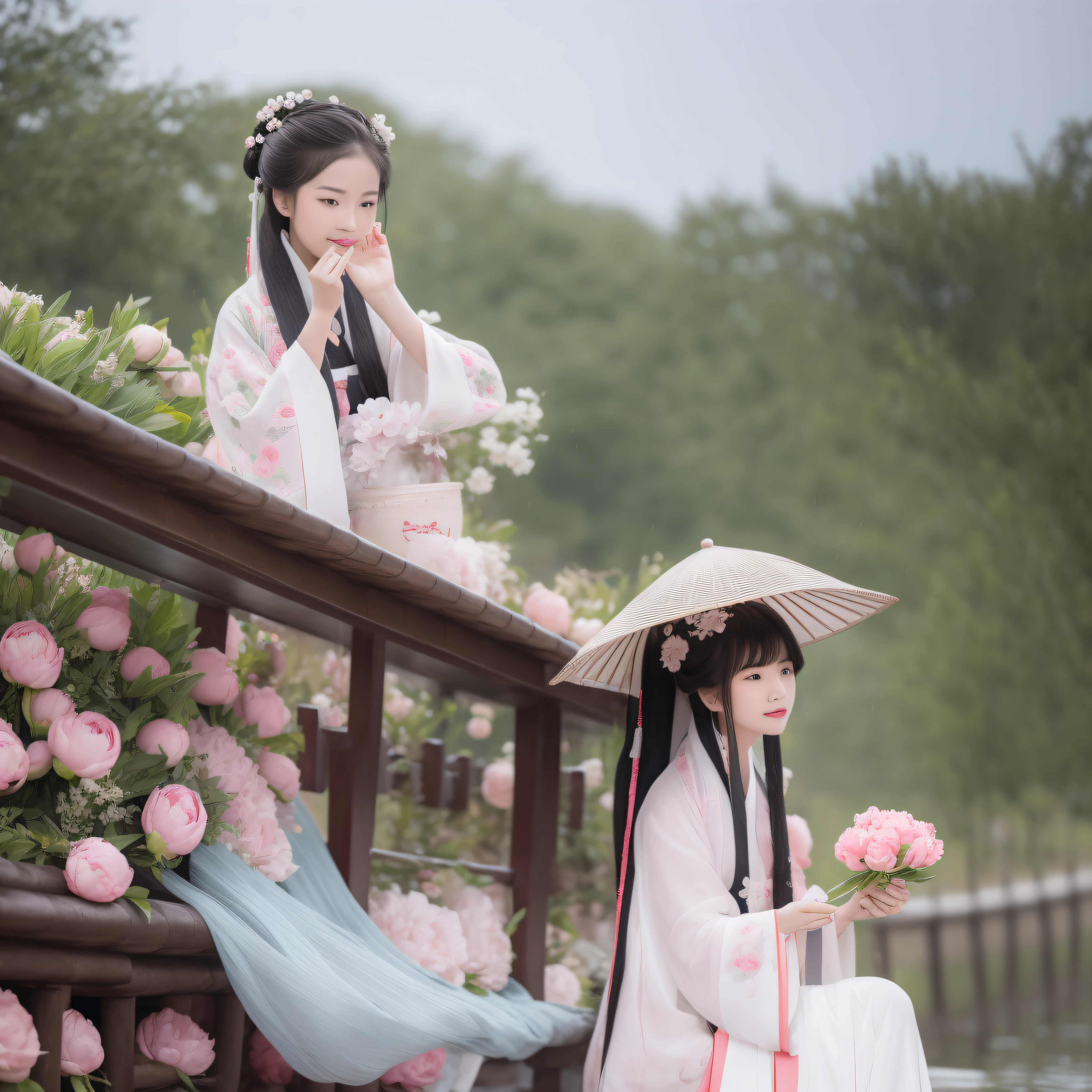 On a rainy day，The woman in Hanfu sits on the boat, Pick peony flowers with both hands