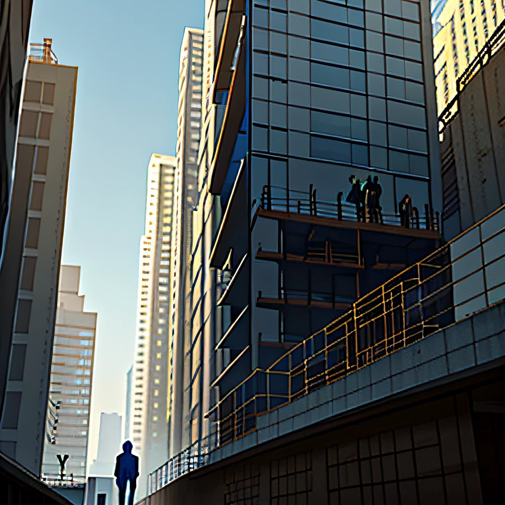 A young man in a casual suit stands downstairs at the construction site, (Outdoors), (On the street), (raised head: 1.9) Look at the steel plates on the upper floors of the construction site, Panoramic view, full bodyesbian, Side and rear viewing angles, (Characters take up a quarter of the first frame)