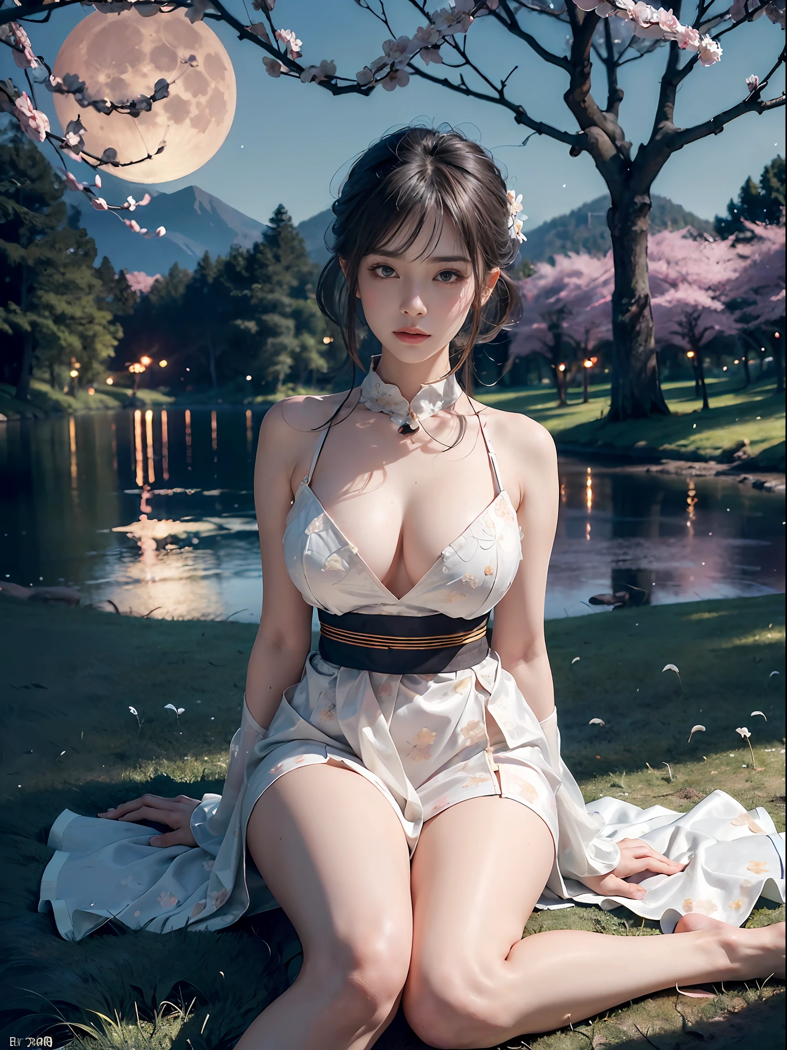 (Masterpiece 1.3, 8k resolution, ultra-realistic, very detailed), (Intricate Detail), Perfect Detail Face, Detailed Eyes, Very Detailed, Blush, waist constriction, beautiful legs, taut skin, very detailed face and skin texture, double eyelids, pale cheeks, healthy skin, Detailed Background, Realistic Photo, Sharp Focus: 1.2, Perfect + Slender Style, ((original yae miko sit on grass, under the big tree beside the lake looking at the moon)), full body, landscape, (forest of cherry blossom trees, lakeside, ((at night)), fireflies, dynamic lights, dynamic angle, the most beautiful form of chaos, (vivid colours)), (full moon)